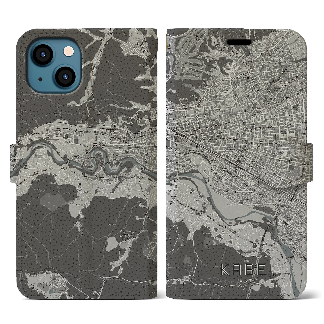 【河辺(東京都)】地図柄iPhoneケース(手帳タイプ)モノトーン・iPhone 13 用