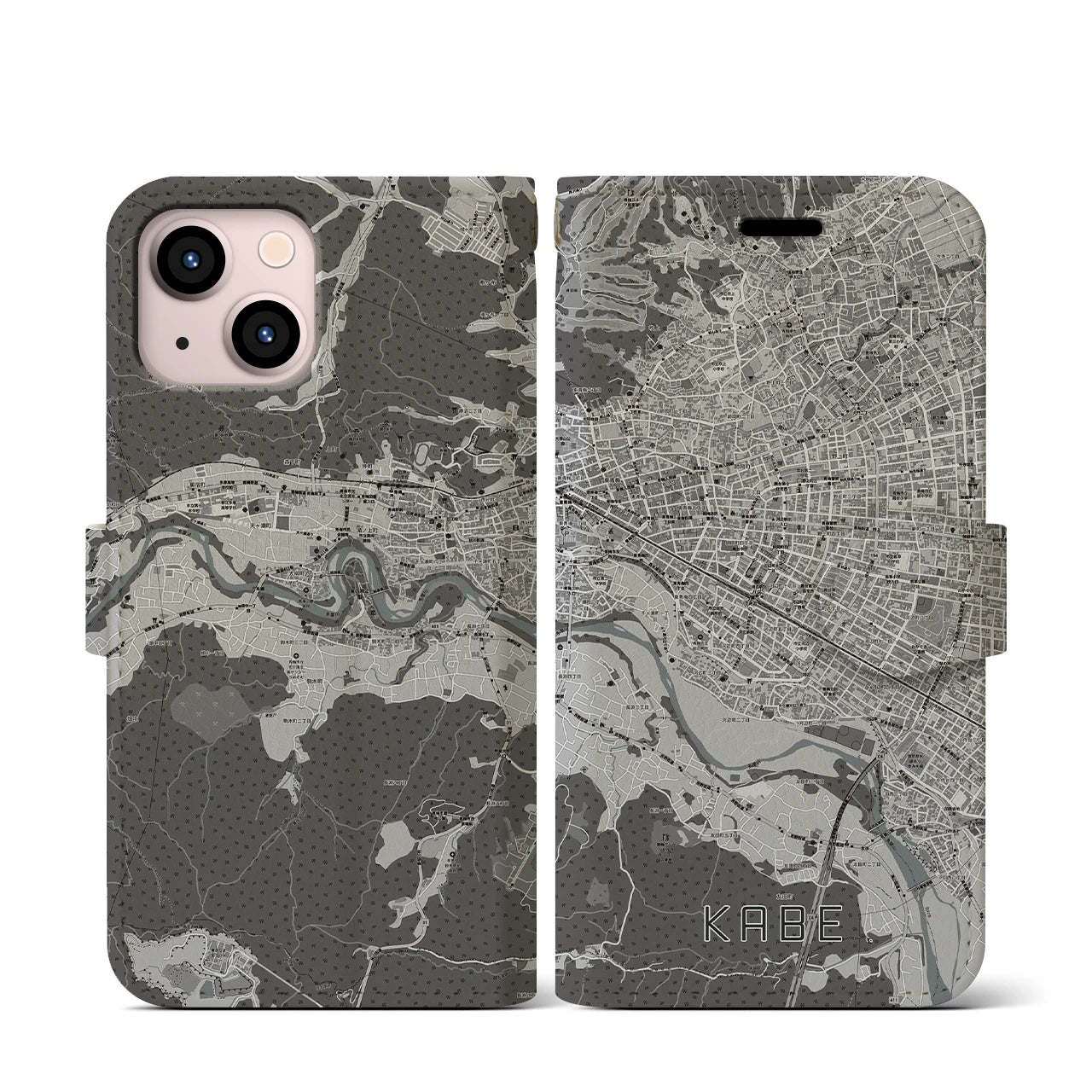 【河辺(東京都)】地図柄iPhoneケース(手帳タイプ)モノトーン・iPhone 13 mini 用
