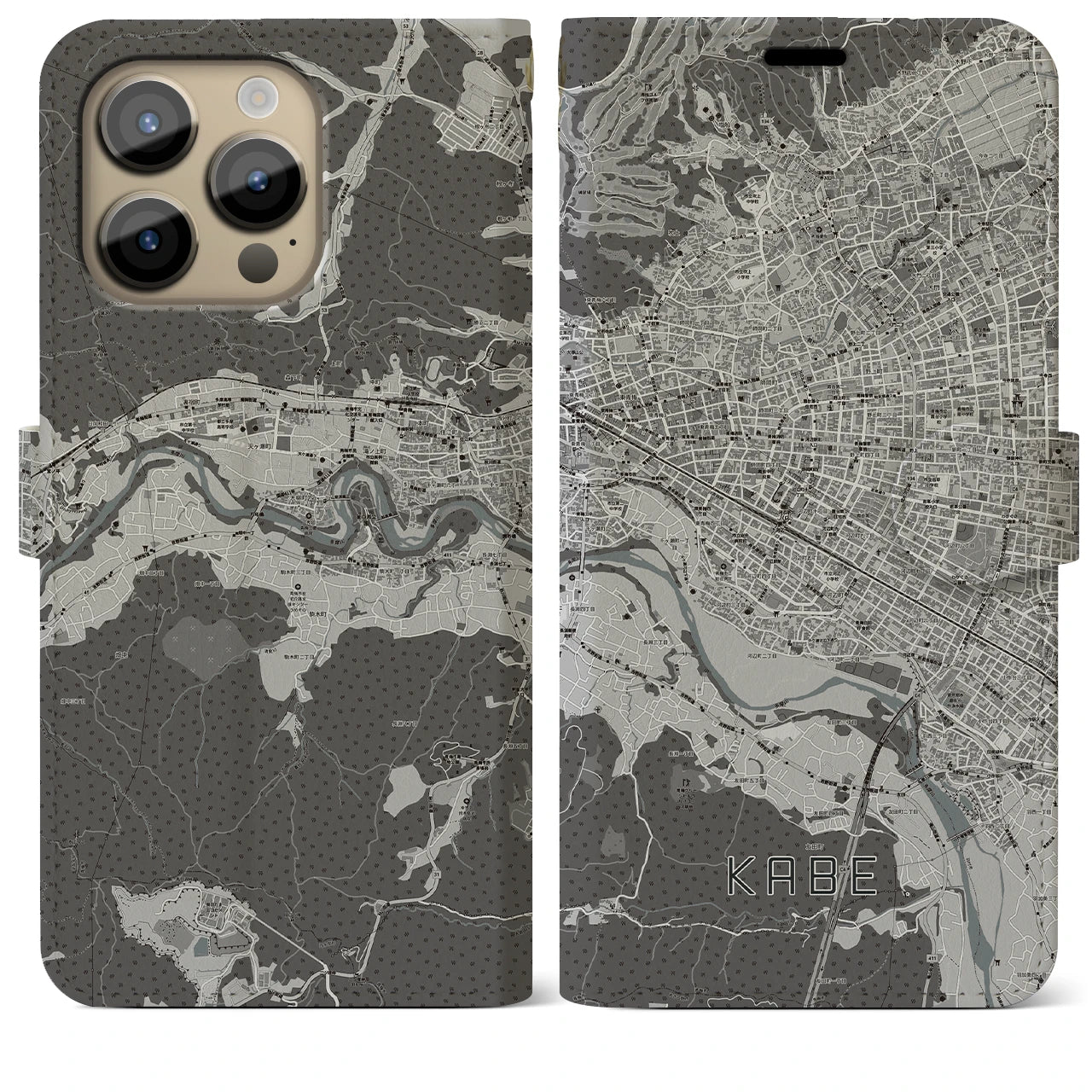 【河辺(東京都)】地図柄iPhoneケース(手帳タイプ)モノトーン・iPhone 14 Pro Max 用
