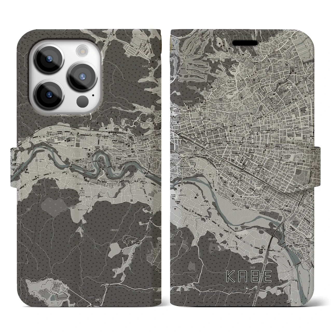 【河辺(東京都)】地図柄iPhoneケース(手帳タイプ)モノトーン・iPhone 14 Pro 用