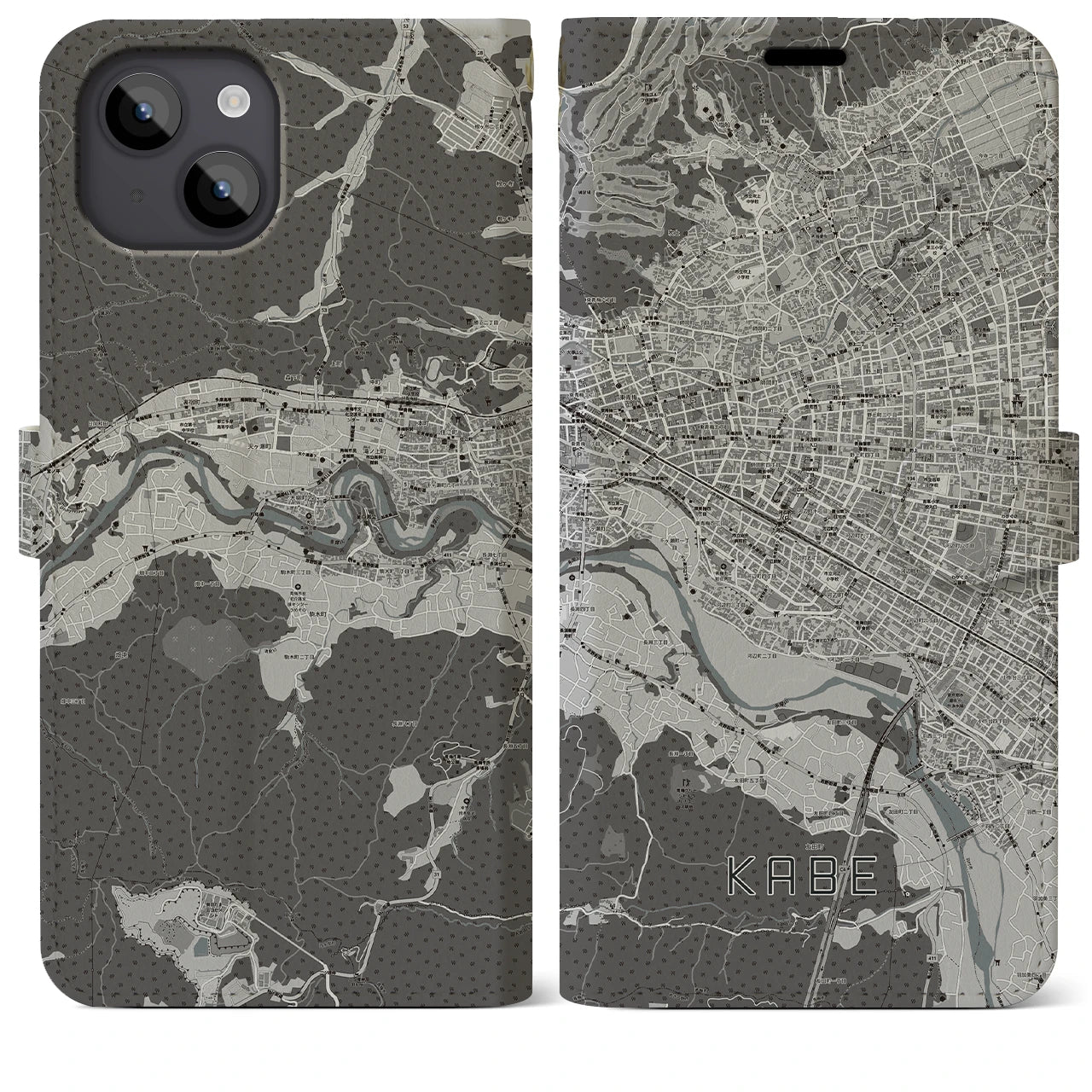 【河辺(東京都)】地図柄iPhoneケース(手帳タイプ)モノトーン・iPhone 14 Plus 用