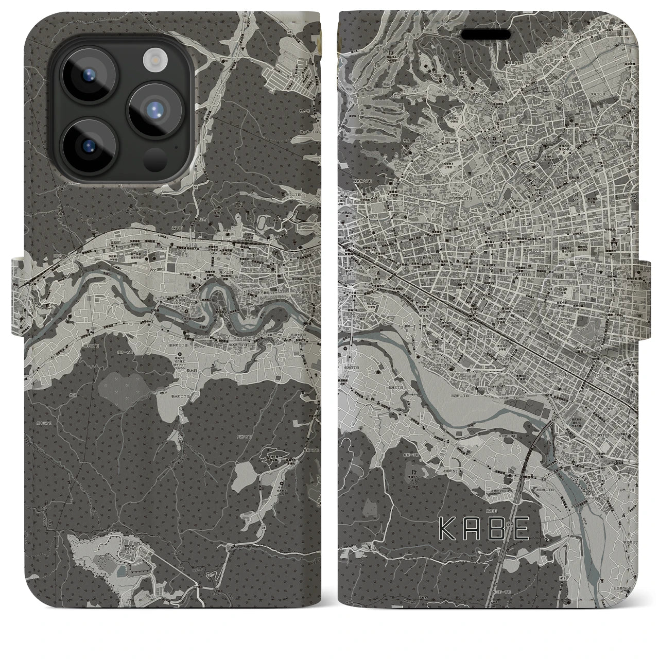 【河辺(東京都)】地図柄iPhoneケース(手帳タイプ)モノトーン・iPhone 15 Pro Max 用