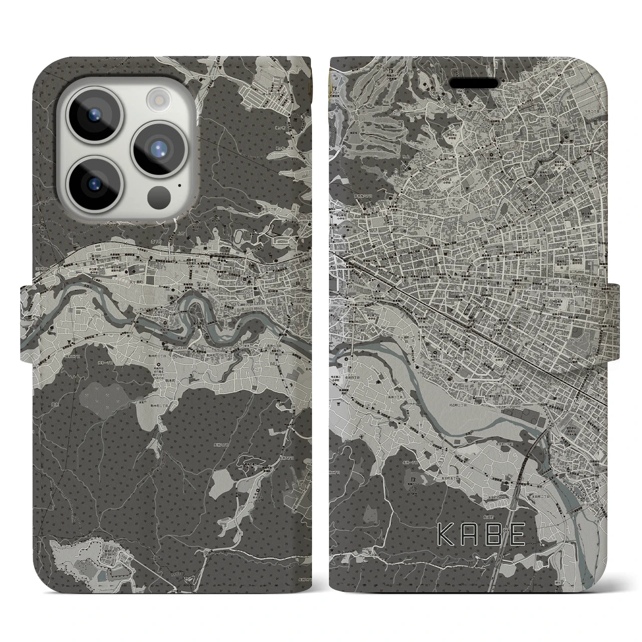 【河辺(東京都)】地図柄iPhoneケース(手帳タイプ)モノトーン・iPhone 15 Pro 用