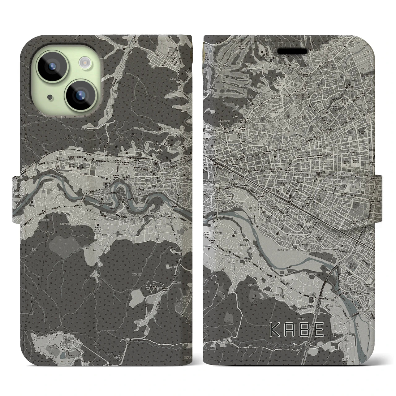 【河辺(東京都)】地図柄iPhoneケース(手帳タイプ)モノトーン・iPhone 15 用