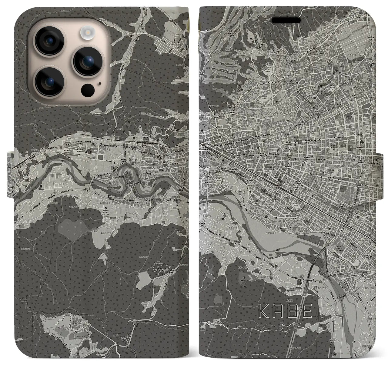 【河辺(東京都)】地図柄iPhoneケース(手帳タイプ)モノトーン・iPhone 16 Plus 用
