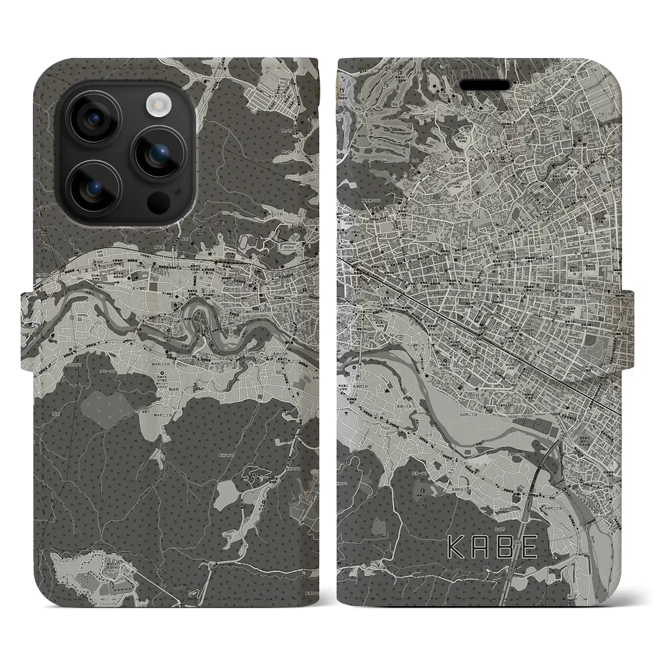【河辺(東京都)】地図柄iPhoneケース(手帳タイプ)モノトーン・iPhone 16 用