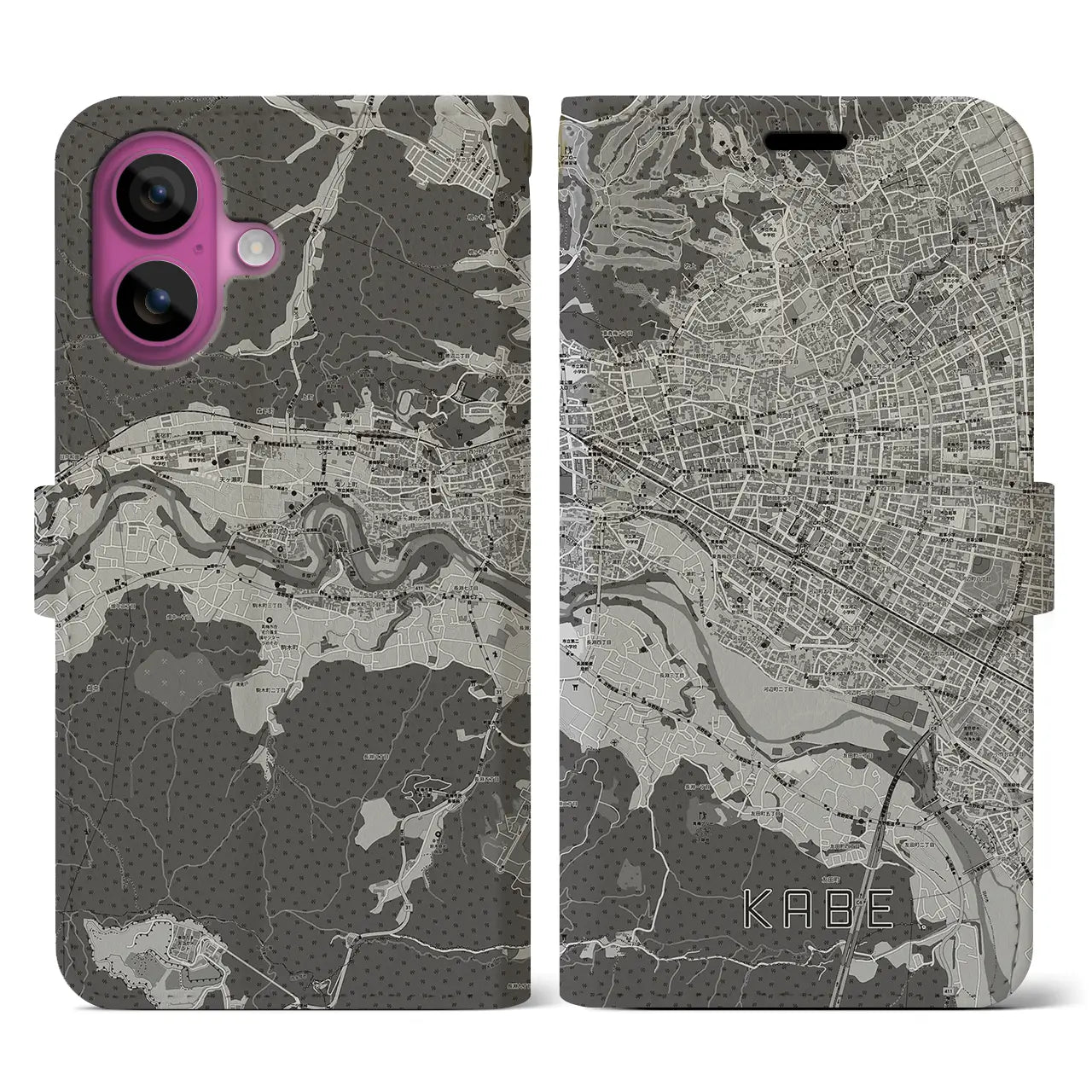 【河辺(東京都)】地図柄iPhoneケース(手帳タイプ)モノトーン・iPhone 16 Pro 用