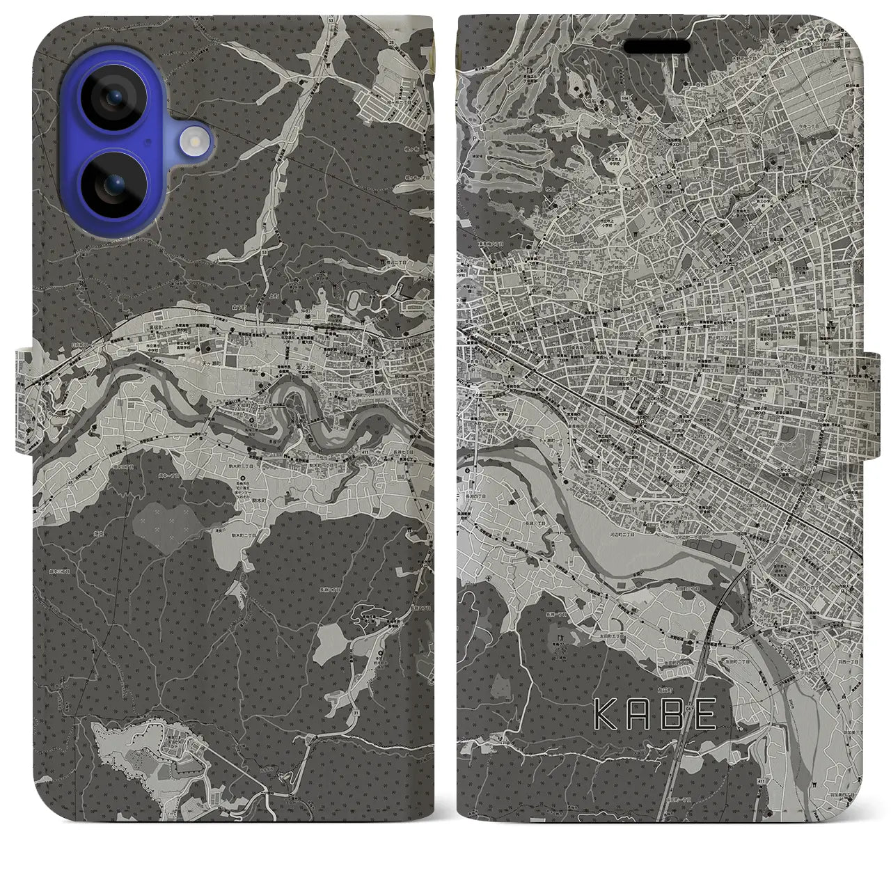 【河辺(東京都)】地図柄iPhoneケース(手帳タイプ)モノトーン・iPhone 16 Pro Max 用