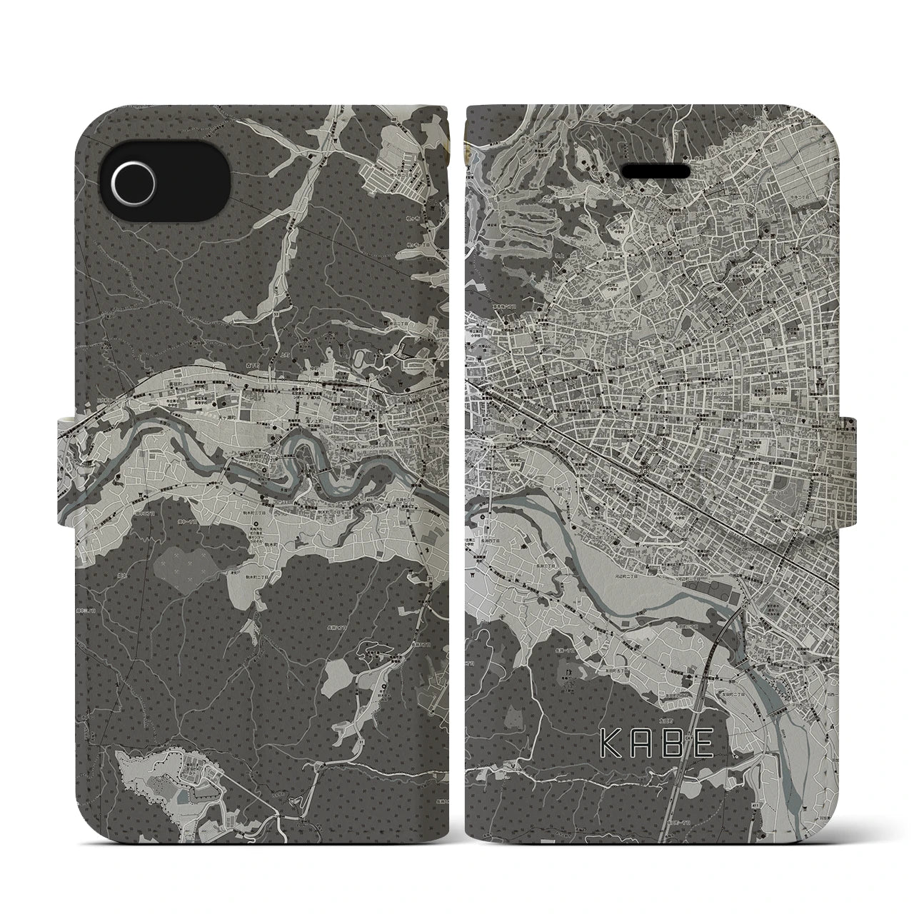 【河辺(東京都)】地図柄iPhoneケース(手帳タイプ)モノトーン・iPhone SE(第3 / 第2世代) / 8 / 7 / 6s / 6 用