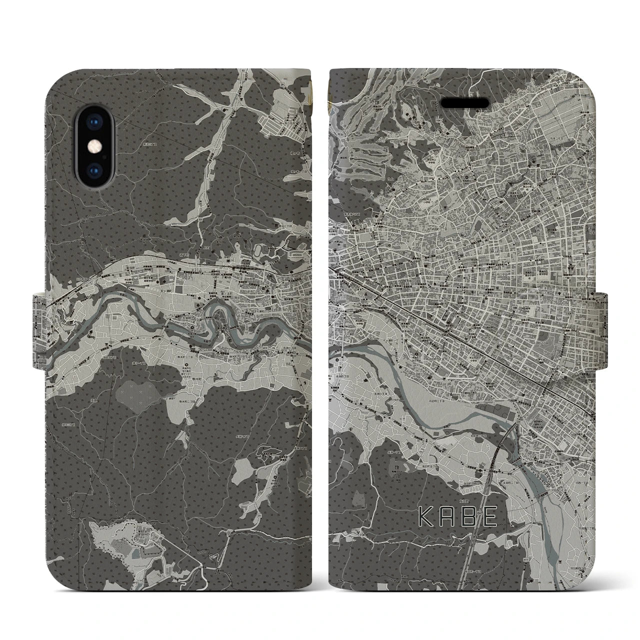 【河辺(東京都)】地図柄iPhoneケース(手帳タイプ)モノトーン・iPhone XS / X 用