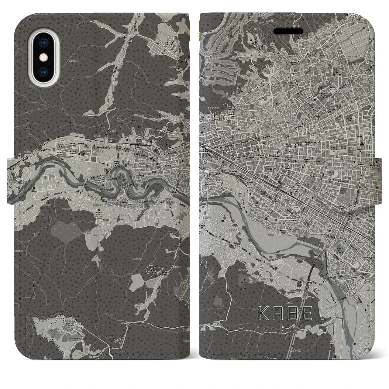 【河辺(東京都)】地図柄iPhoneケース(手帳タイプ)モノトーン・iPhone XS Max 用