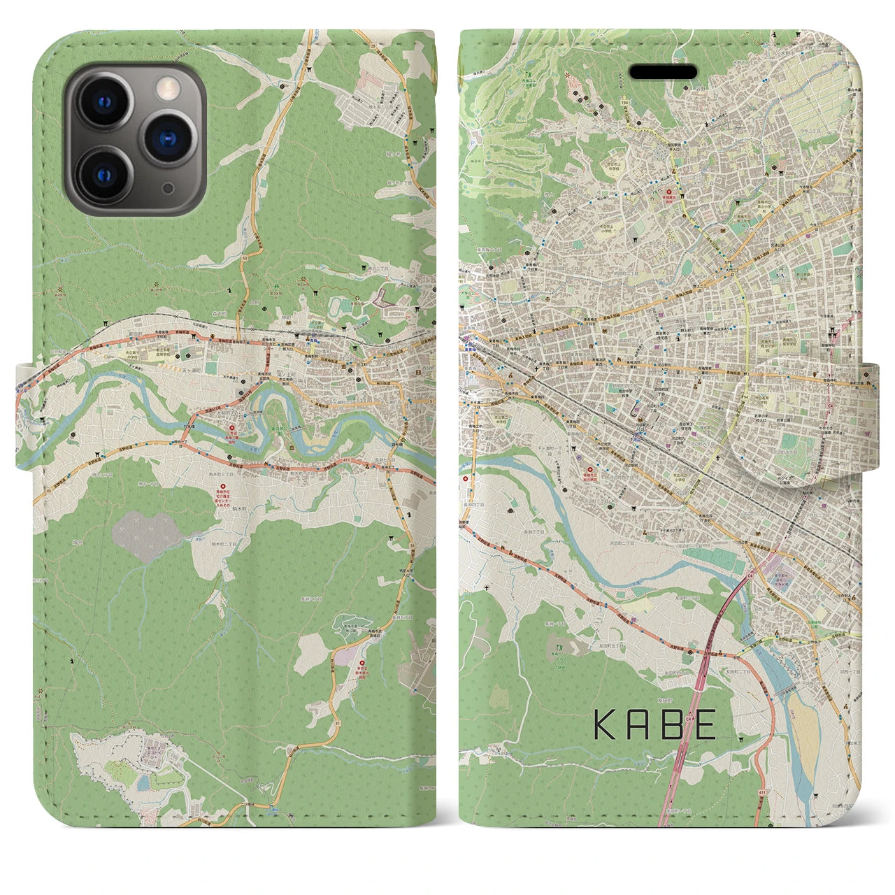 【河辺(東京都)】地図柄iPhoneケース(手帳タイプ)ナチュラル・iPhone 11 Pro Max 用