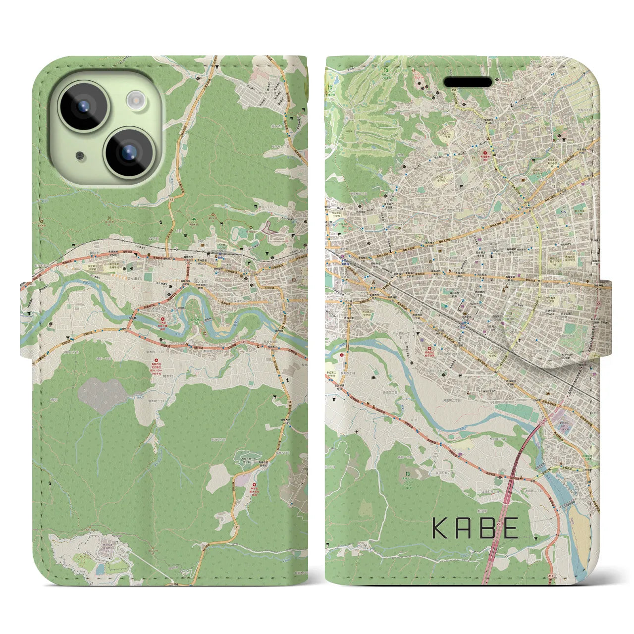 【河辺(東京都)】地図柄iPhoneケース(手帳タイプ)ナチュラル・iPhone 15 用