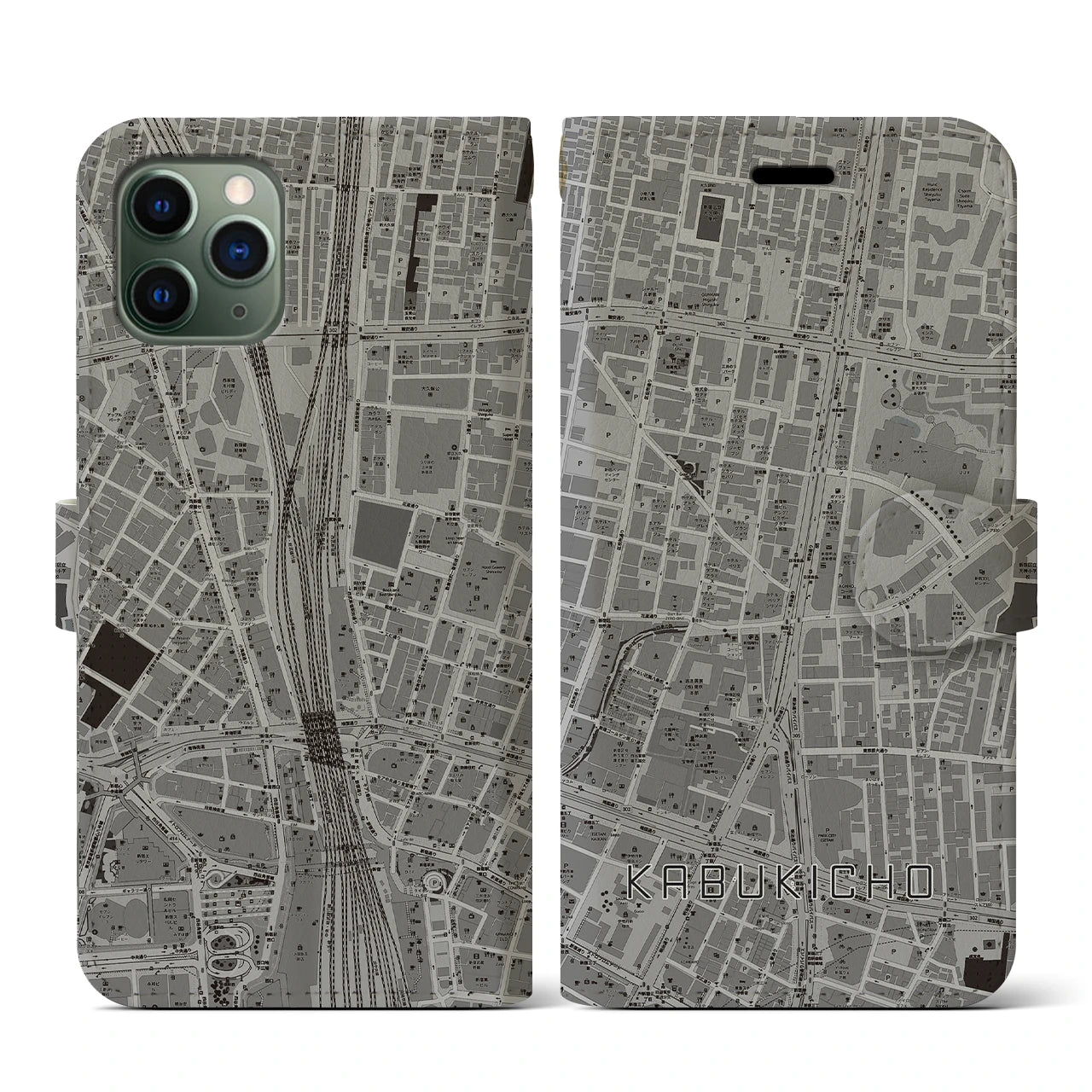 【歌舞伎町(東京都)】地図柄iPhoneケース(手帳タイプ)モノトーン・iPhone 11 Pro 用