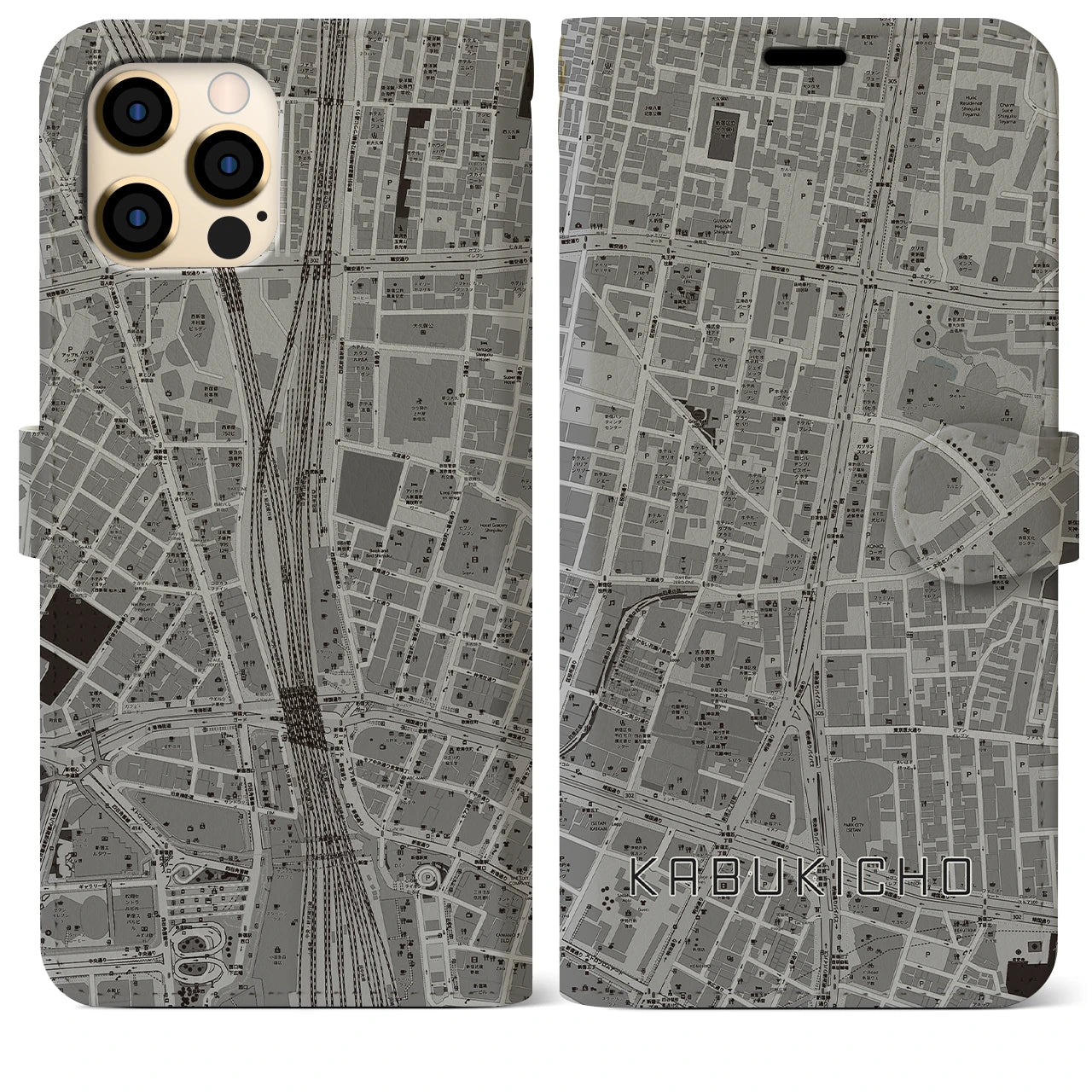 【歌舞伎町(東京都)】地図柄iPhoneケース(手帳タイプ)モノトーン・iPhone 12 Pro Max 用