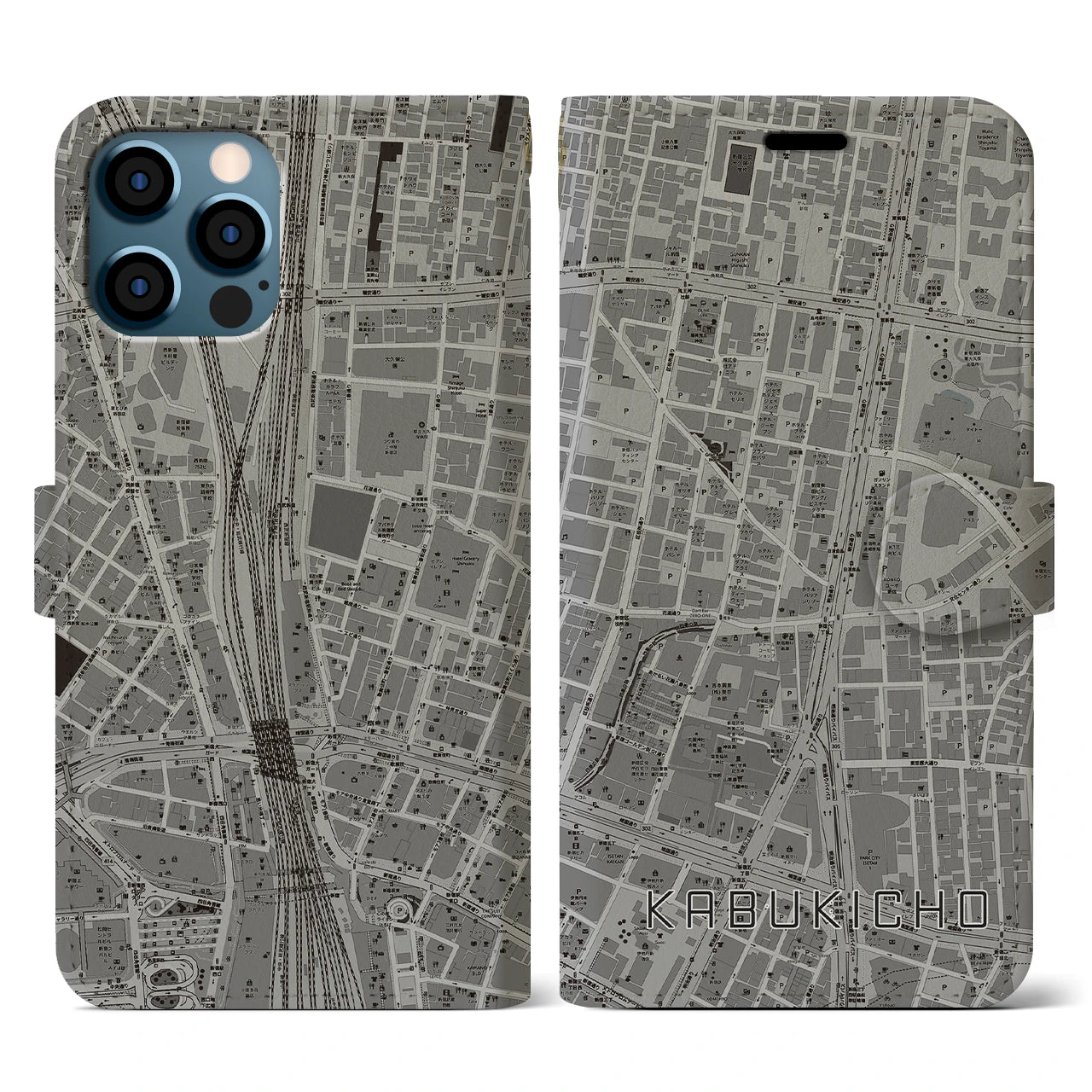 【歌舞伎町(東京都)】地図柄iPhoneケース(手帳タイプ)モノトーン・iPhone 12 / 12 Pro 用