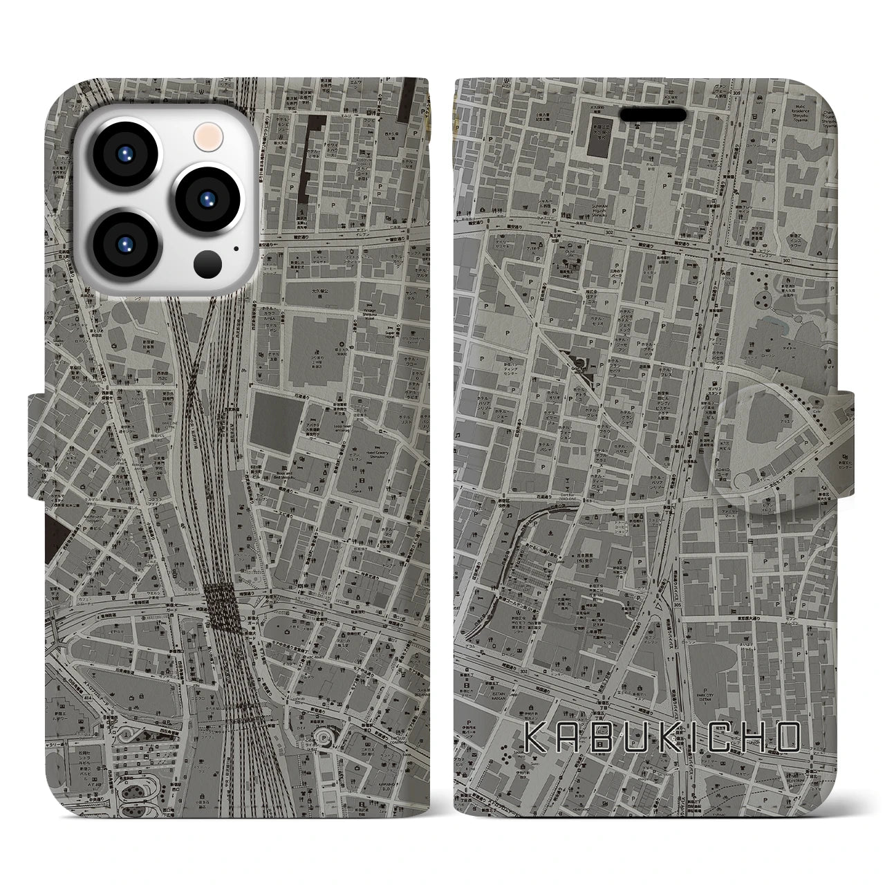 【歌舞伎町(東京都)】地図柄iPhoneケース(手帳タイプ)モノトーン・iPhone 13 Pro 用