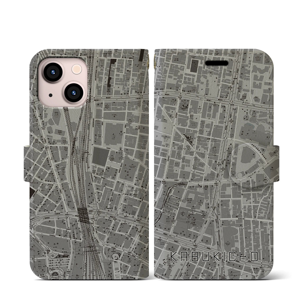 【歌舞伎町(東京都)】地図柄iPhoneケース(手帳タイプ)モノトーン・iPhone 13 mini 用