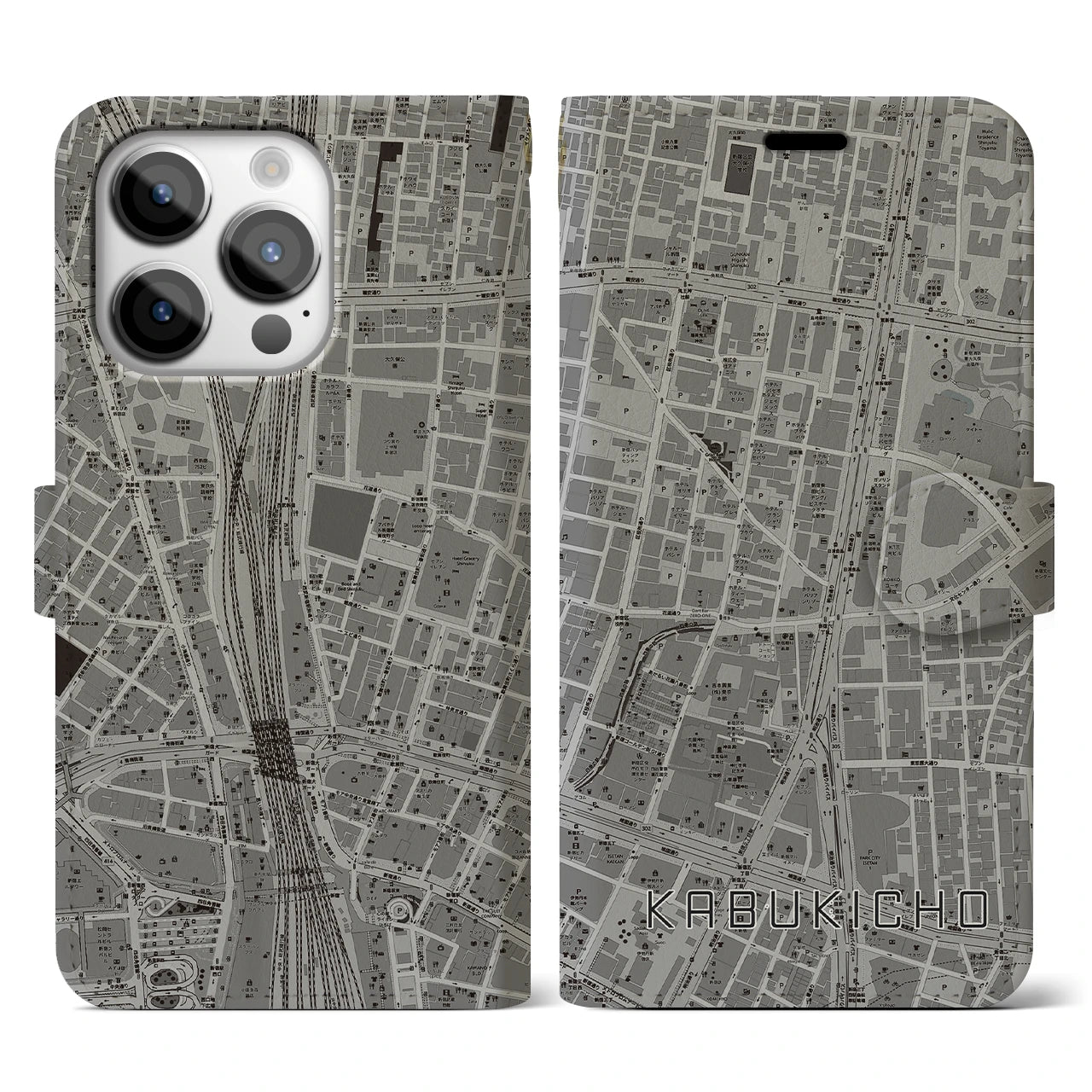 【歌舞伎町(東京都)】地図柄iPhoneケース(手帳タイプ)モノトーン・iPhone 14 Pro 用