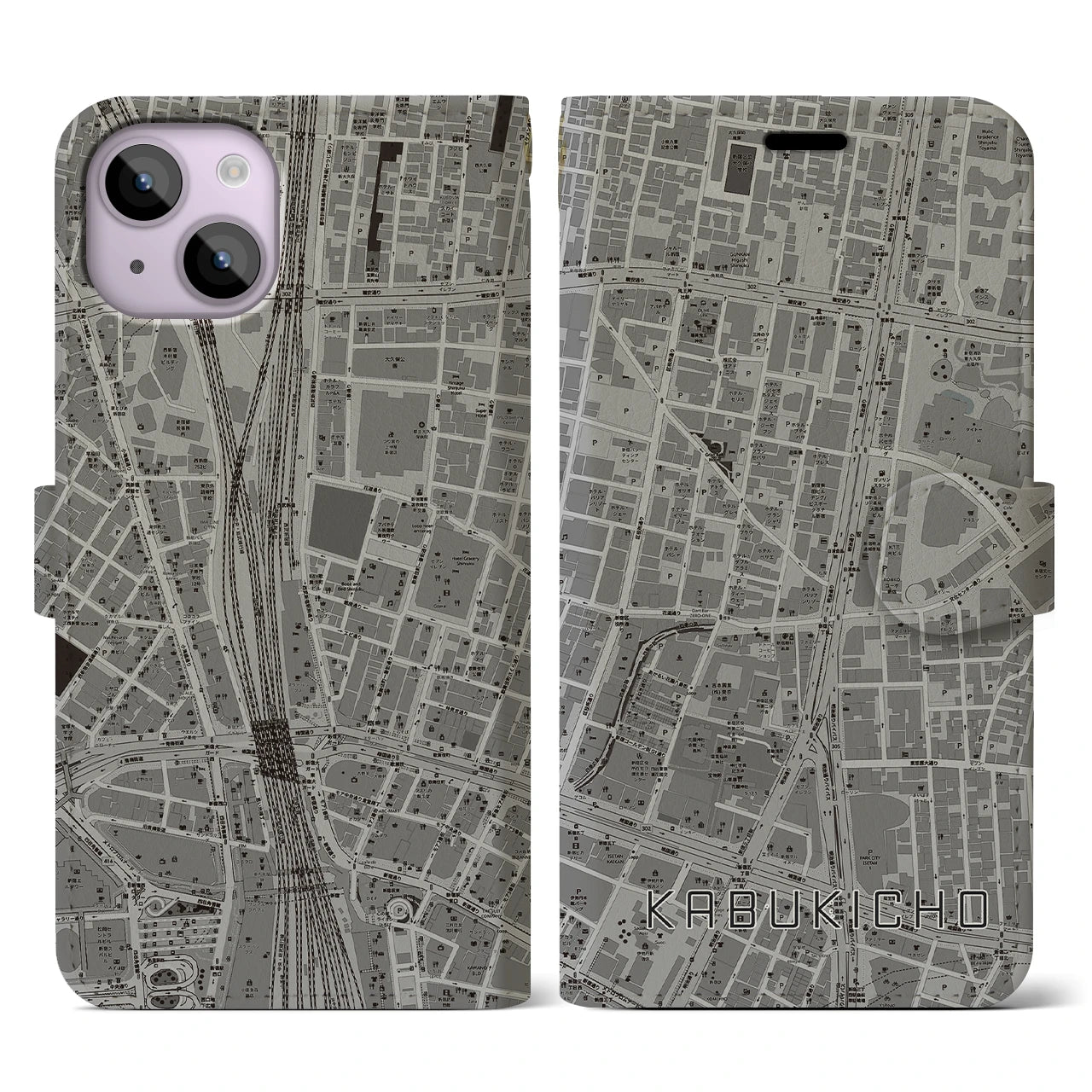 【歌舞伎町(東京都)】地図柄iPhoneケース(手帳タイプ)モノトーン・iPhone 14 用