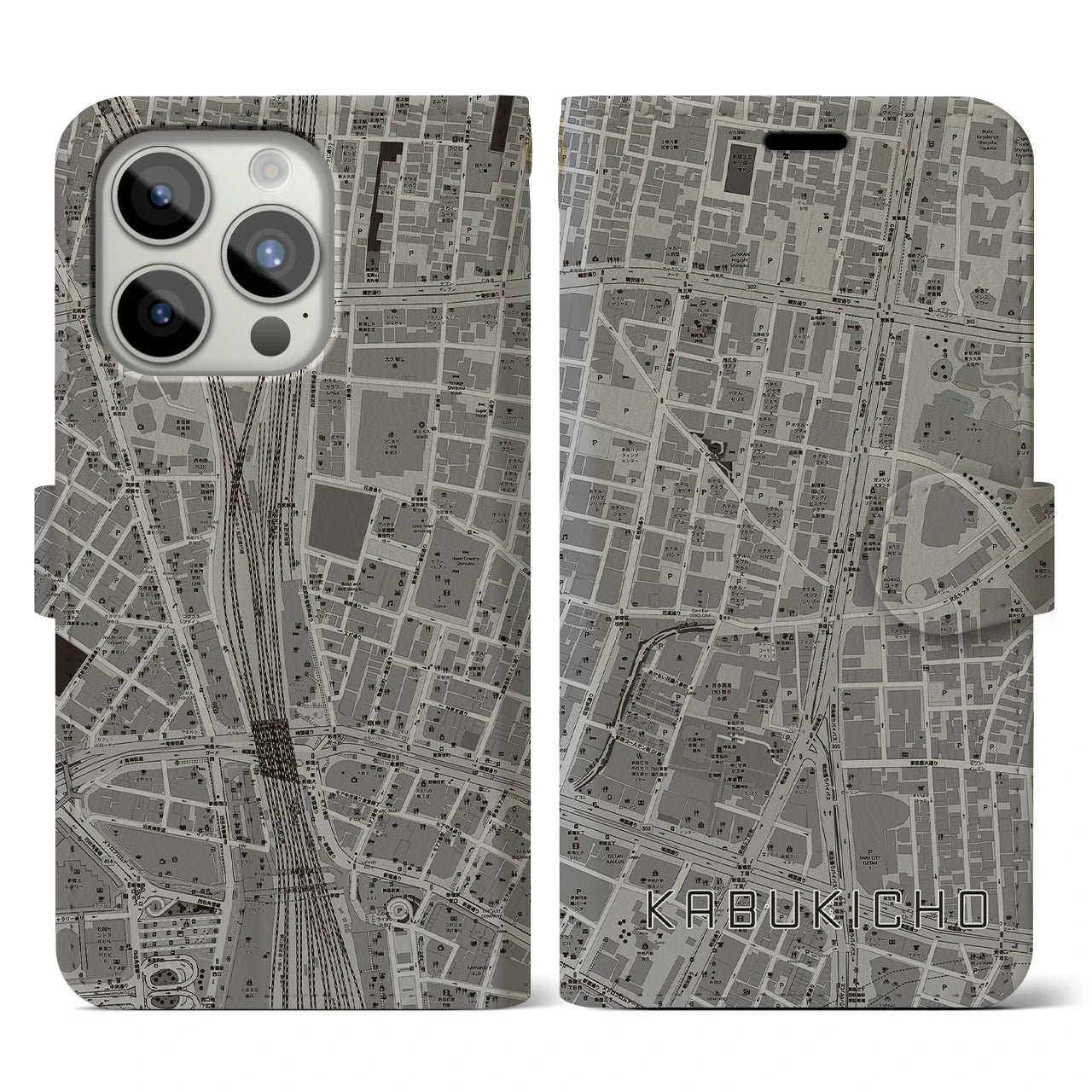 【歌舞伎町(東京都)】地図柄iPhoneケース(手帳タイプ)モノトーン・iPhone 15 Pro 用