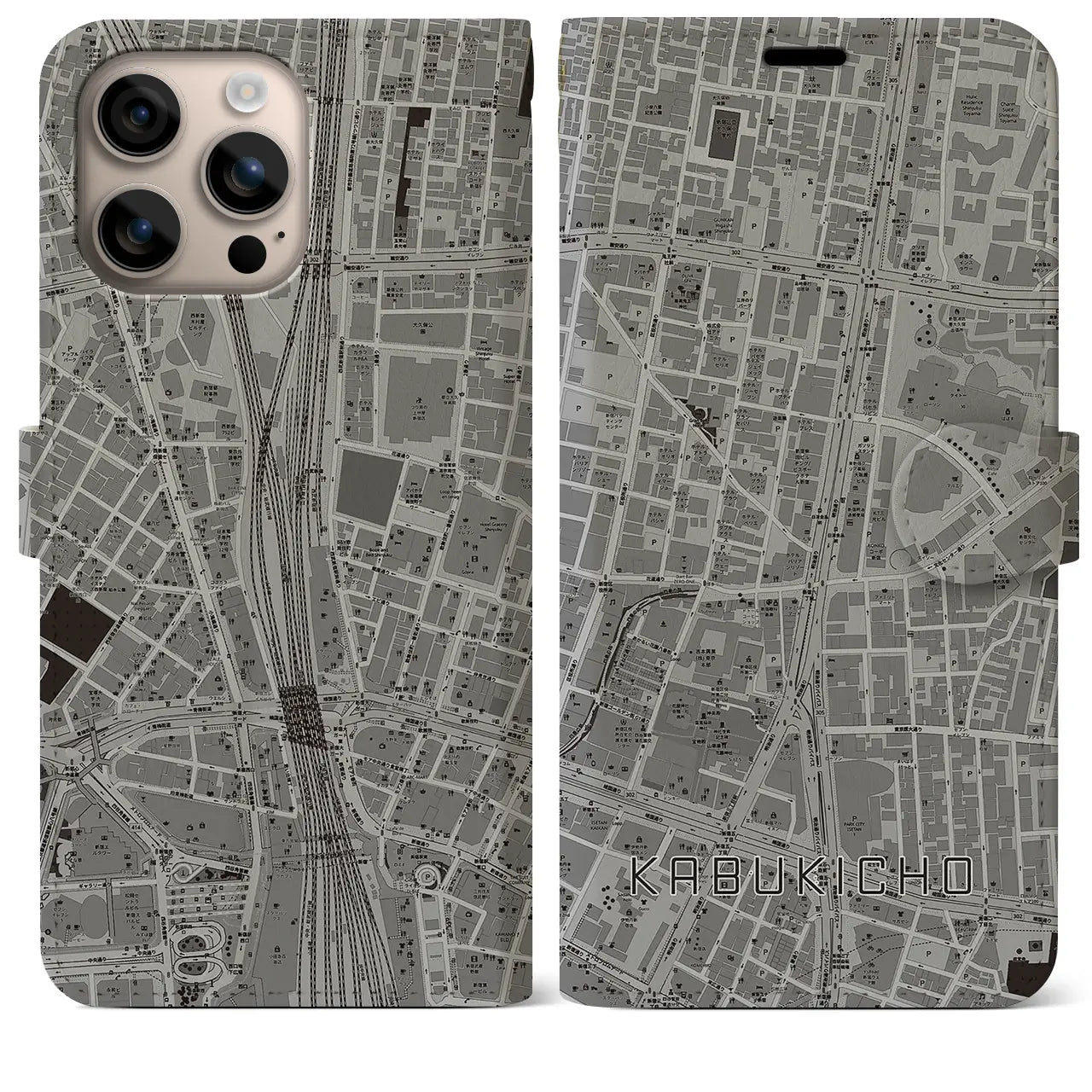 【歌舞伎町(東京都)】地図柄iPhoneケース(手帳タイプ)モノトーン・iPhone 16 Plus 用