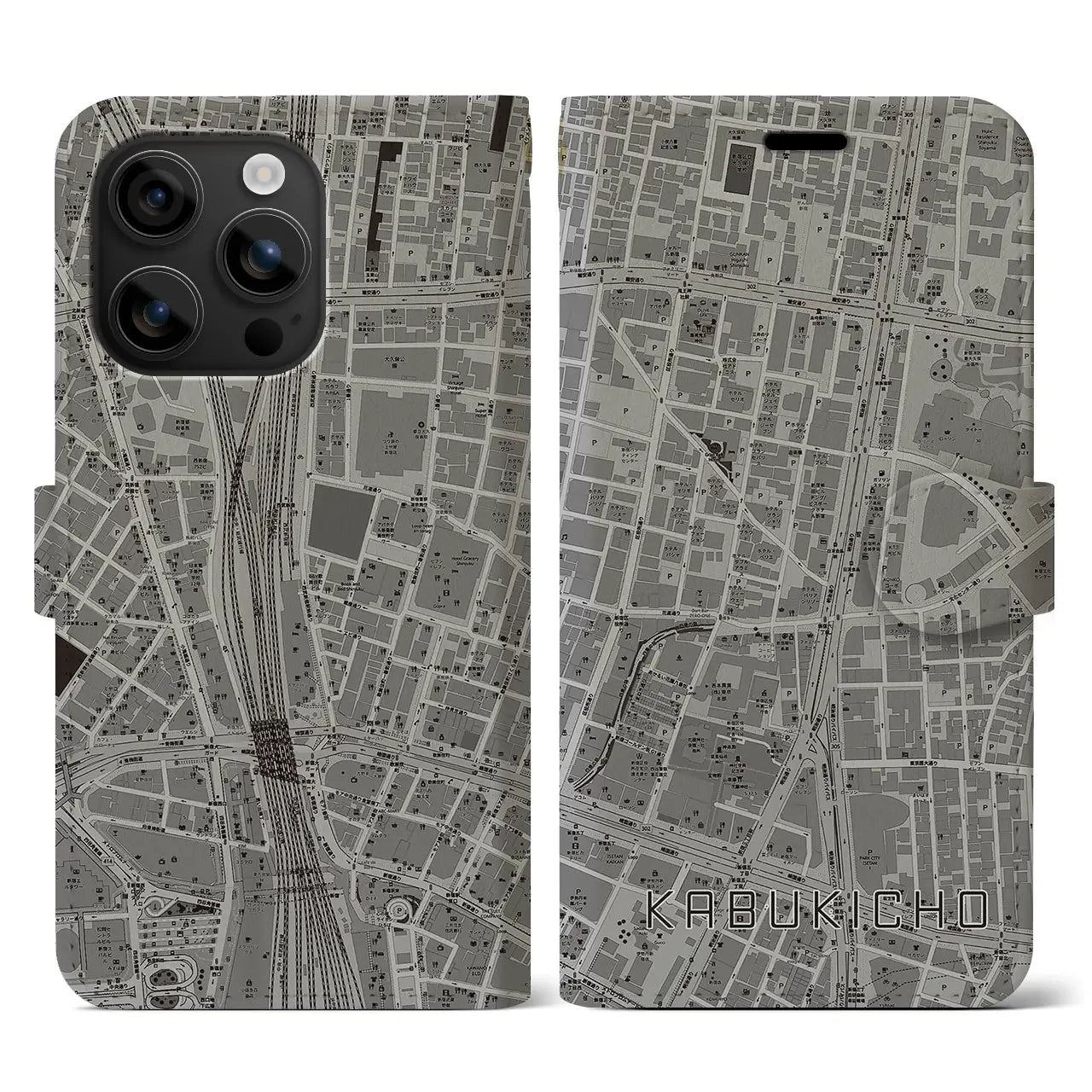 【歌舞伎町(東京都)】地図柄iPhoneケース(手帳タイプ)モノトーン・iPhone 16 用