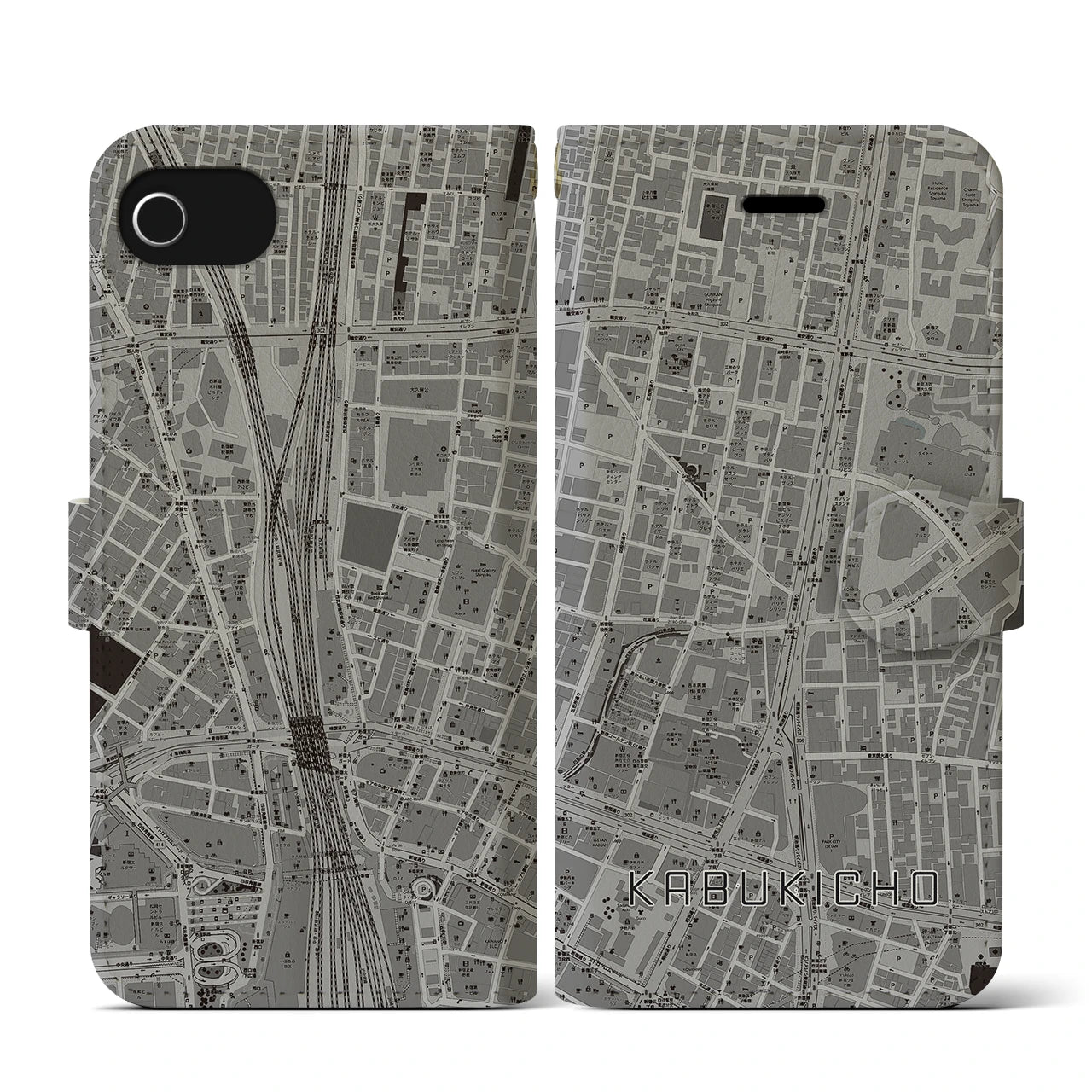 【歌舞伎町(東京都)】地図柄iPhoneケース(手帳タイプ)モノトーン・iPhone SE(第3 / 第2世代) / 8 / 7 / 6s / 6 用