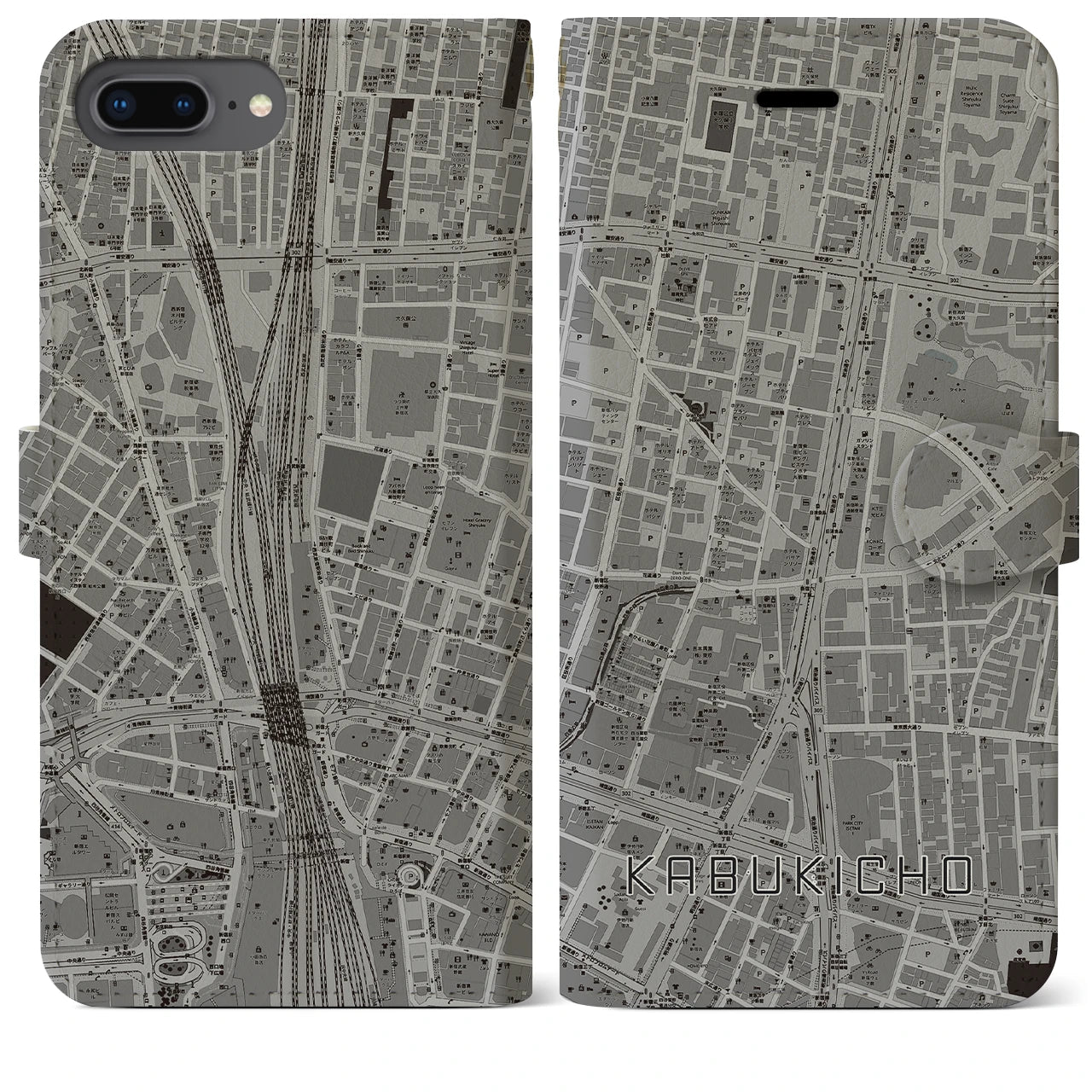 【歌舞伎町(東京都)】地図柄iPhoneケース(手帳タイプ)モノトーン・iPhone 8Plus /7Plus / 6sPlus / 6Plus 用