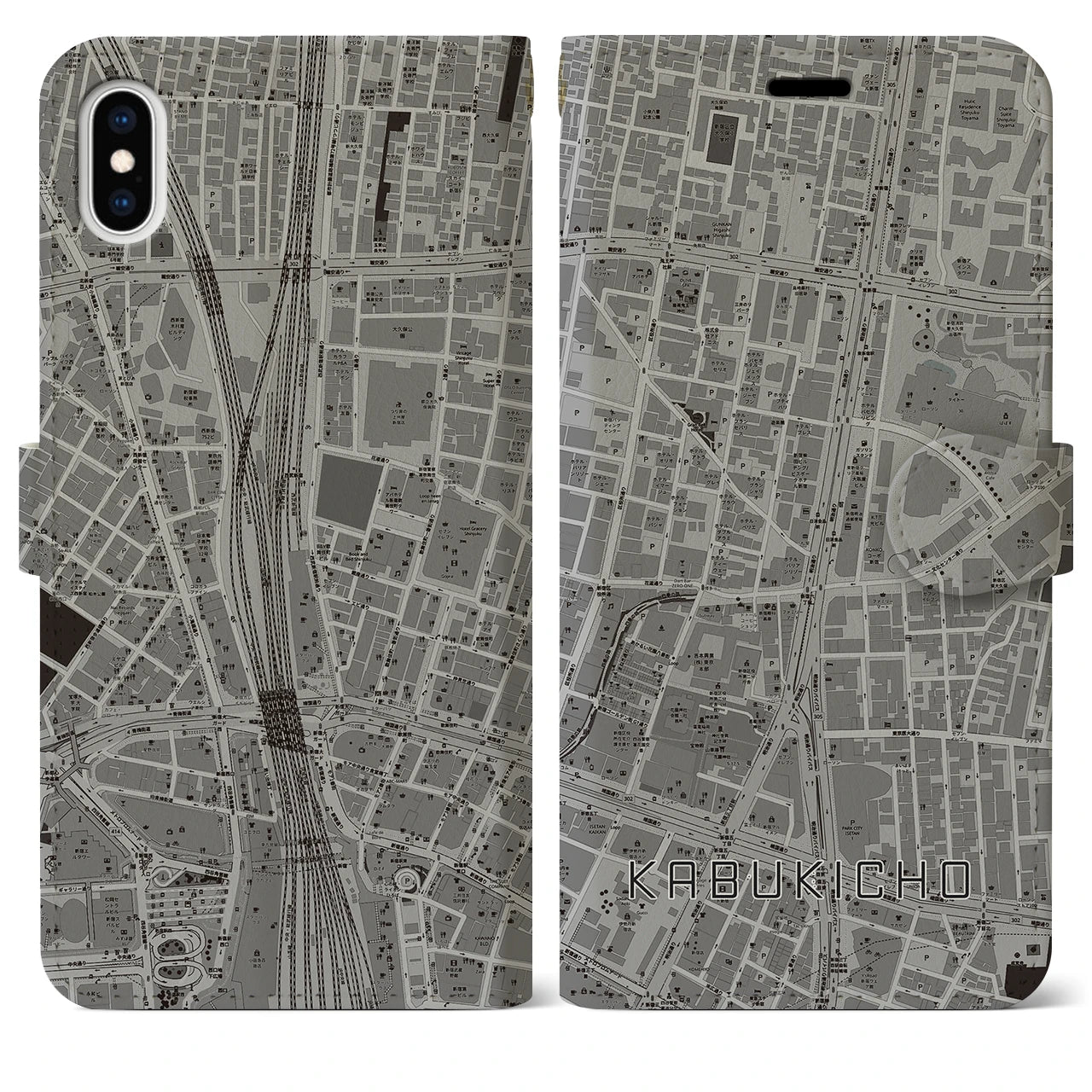 【歌舞伎町(東京都)】地図柄iPhoneケース(手帳タイプ)モノトーン・iPhone XS Max 用