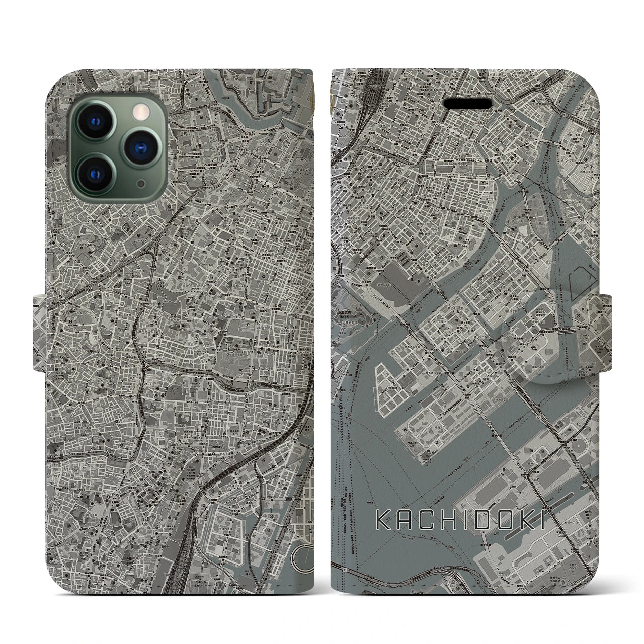 【勝どき(東京都)】地図柄iPhoneケース(手帳タイプ)モノトーン・iPhone 11 Pro 用