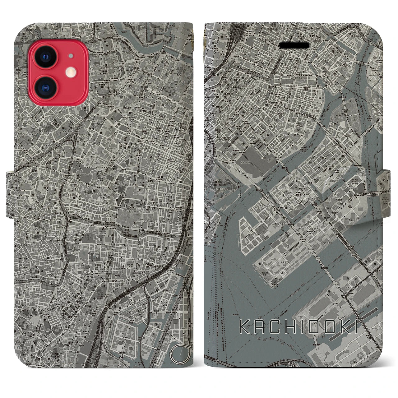 【勝どき(東京都)】地図柄iPhoneケース(手帳タイプ)モノトーン・iPhone 11 用