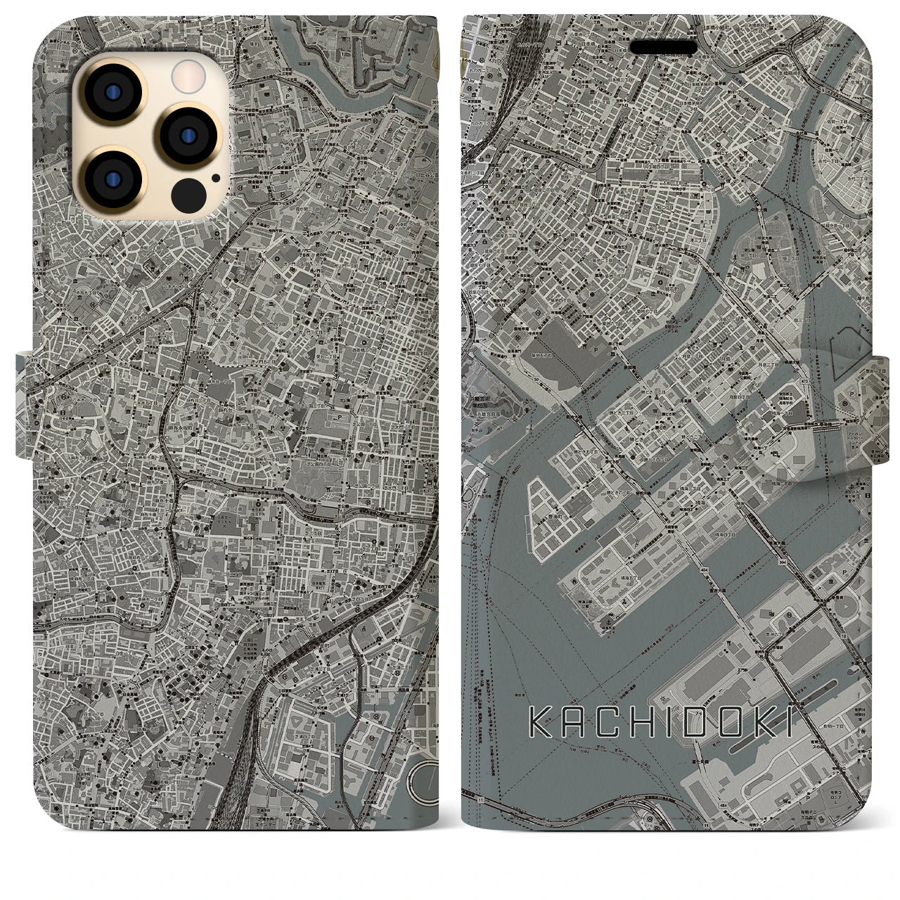 【勝どき(東京都)】地図柄iPhoneケース(手帳タイプ)モノトーン・iPhone 12 Pro Max 用
