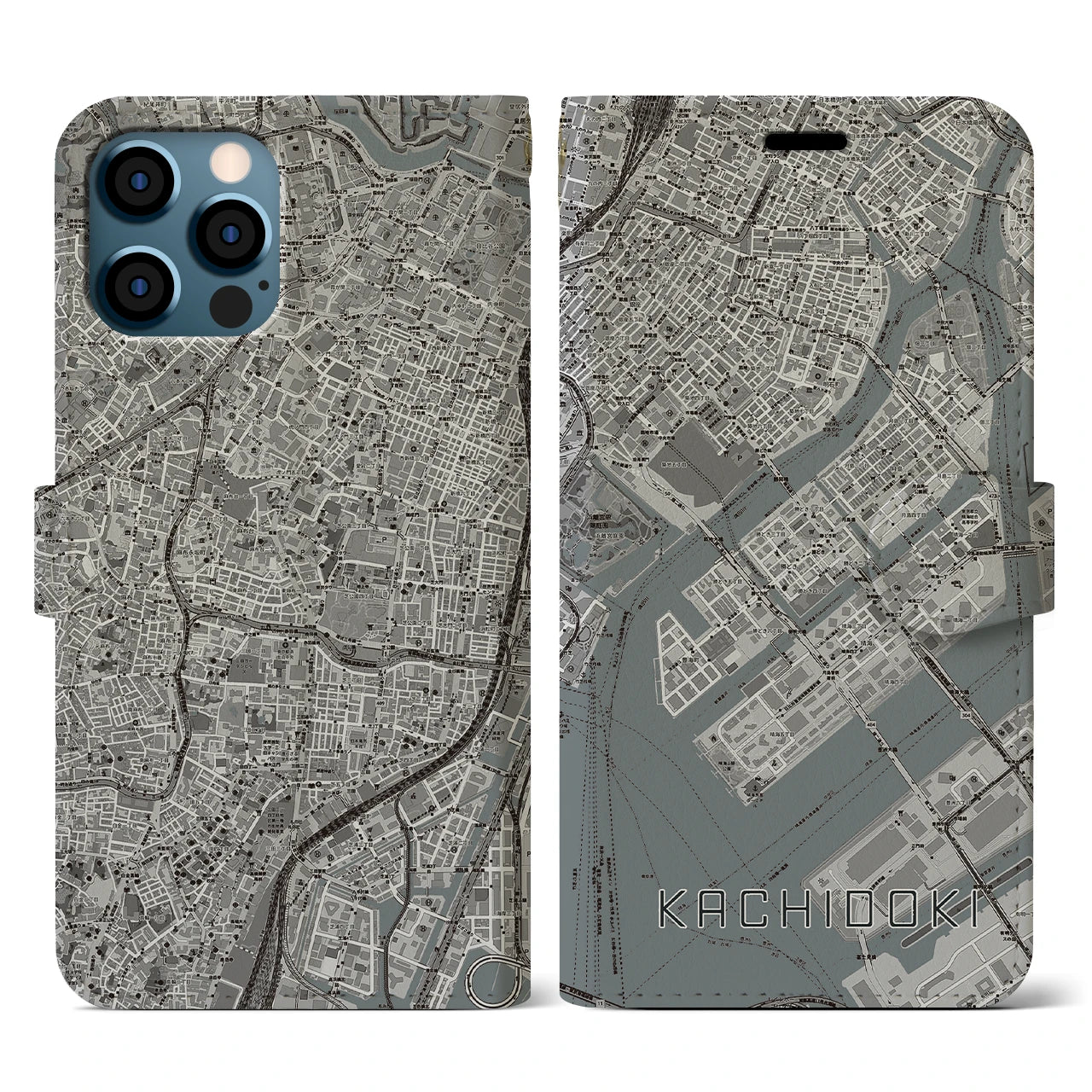 【勝どき(東京都)】地図柄iPhoneケース(手帳タイプ)モノトーン・iPhone 12 / 12 Pro 用