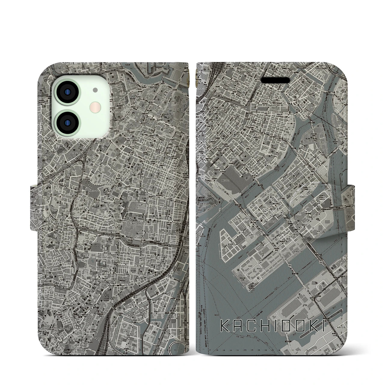 【勝どき(東京都)】地図柄iPhoneケース(手帳タイプ)モノトーン・iPhone 12 mini 用