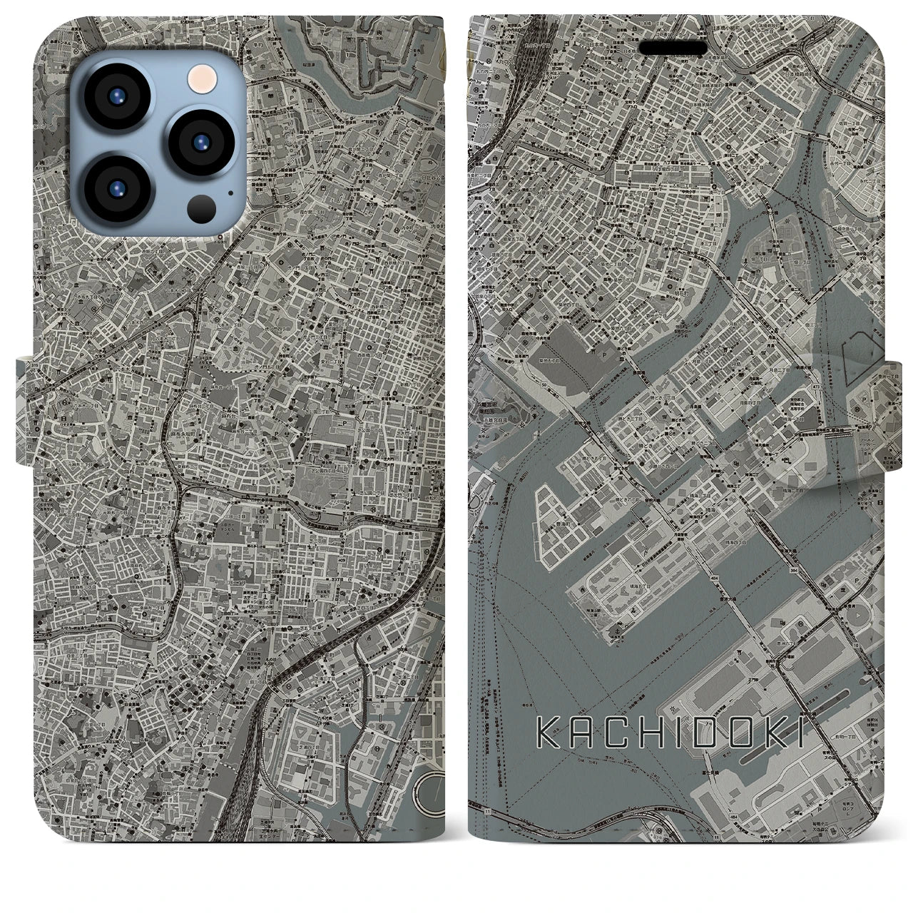 【勝どき(東京都)】地図柄iPhoneケース(手帳タイプ)モノトーン・iPhone 13 Pro Max 用