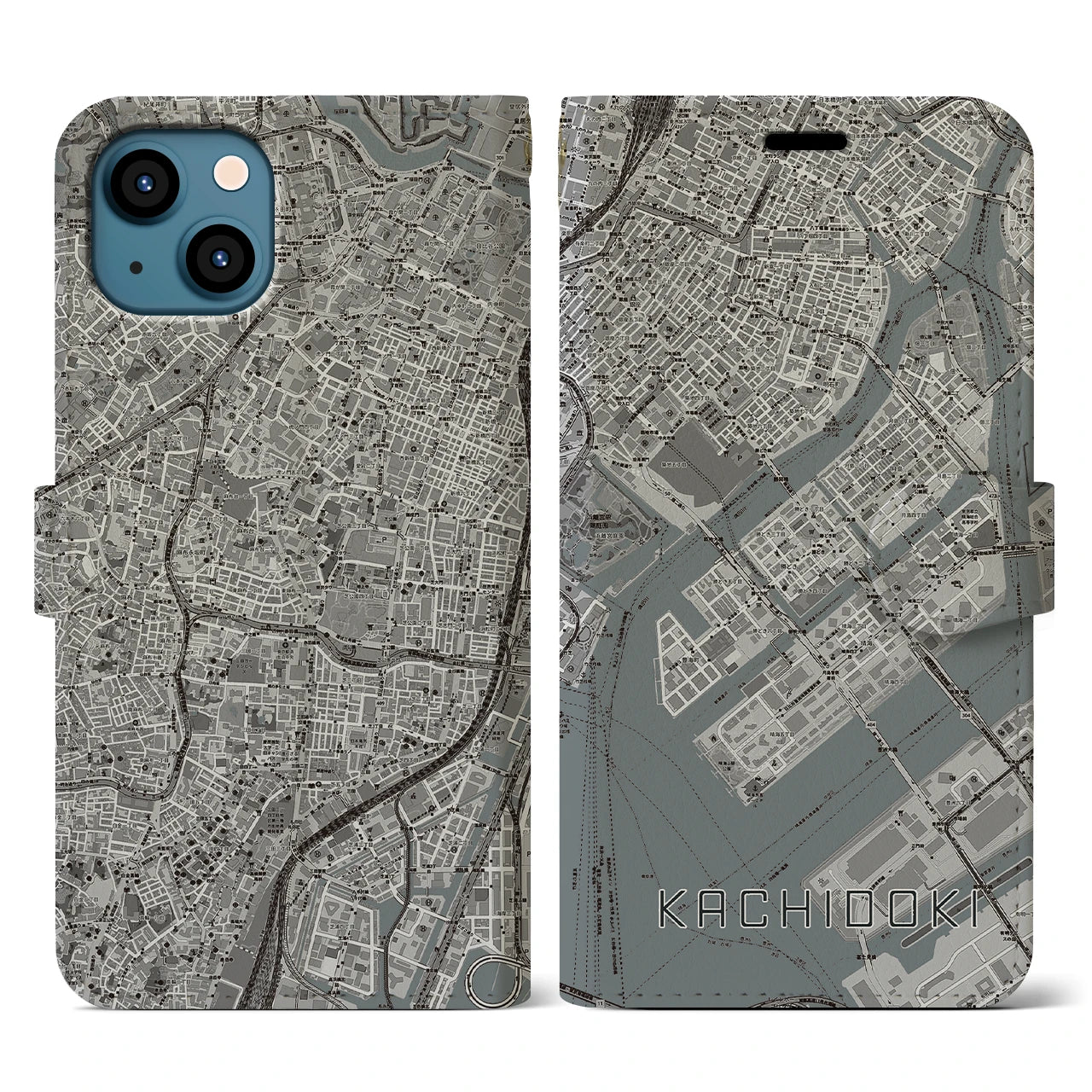 【勝どき(東京都)】地図柄iPhoneケース(手帳タイプ)モノトーン・iPhone 13 用