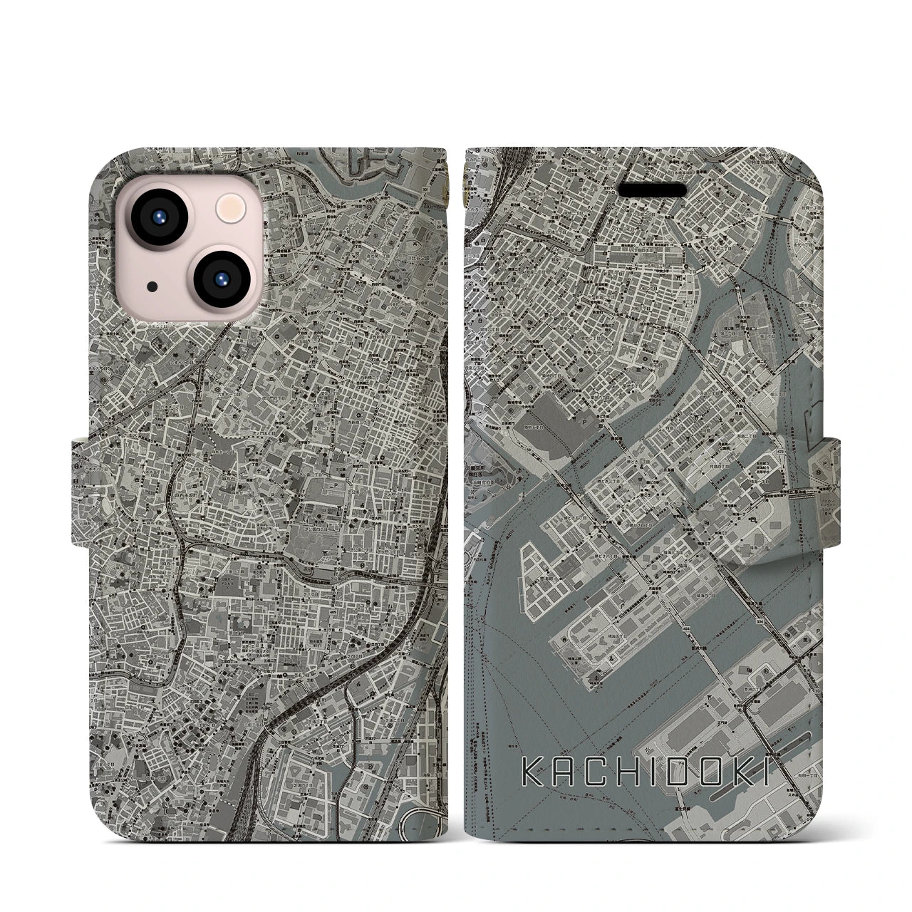 【勝どき(東京都)】地図柄iPhoneケース(手帳タイプ)モノトーン・iPhone 13 mini 用