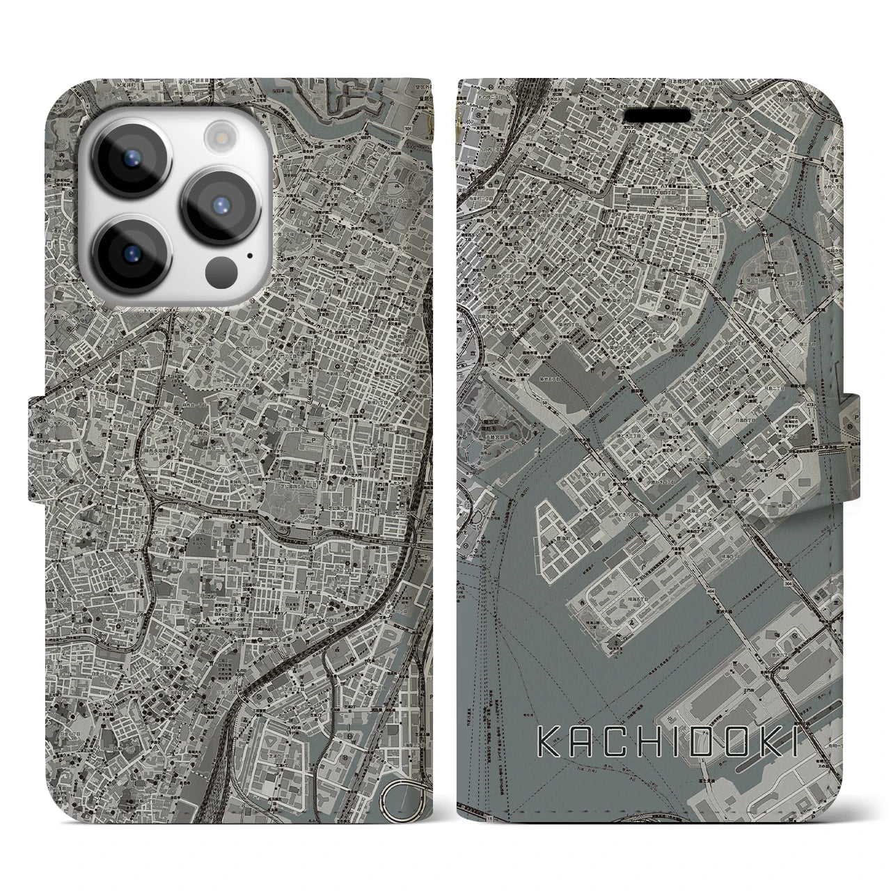 【勝どき(東京都)】地図柄iPhoneケース(手帳タイプ)モノトーン・iPhone 14 Pro 用