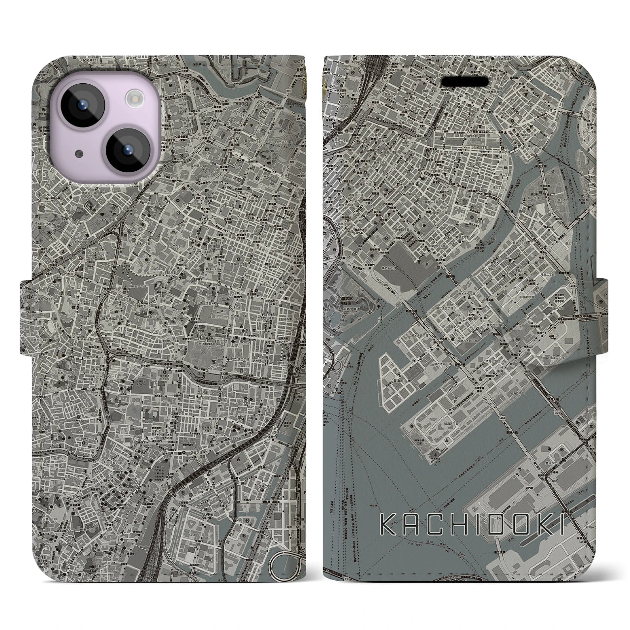 【勝どき(東京都)】地図柄iPhoneケース(手帳タイプ)モノトーン・iPhone 14 用