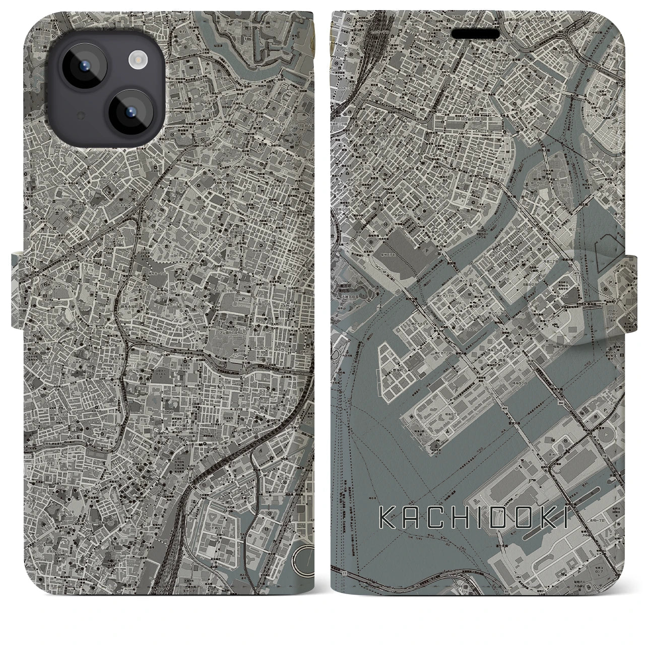 【勝どき(東京都)】地図柄iPhoneケース(手帳タイプ)モノトーン・iPhone 14 Plus 用