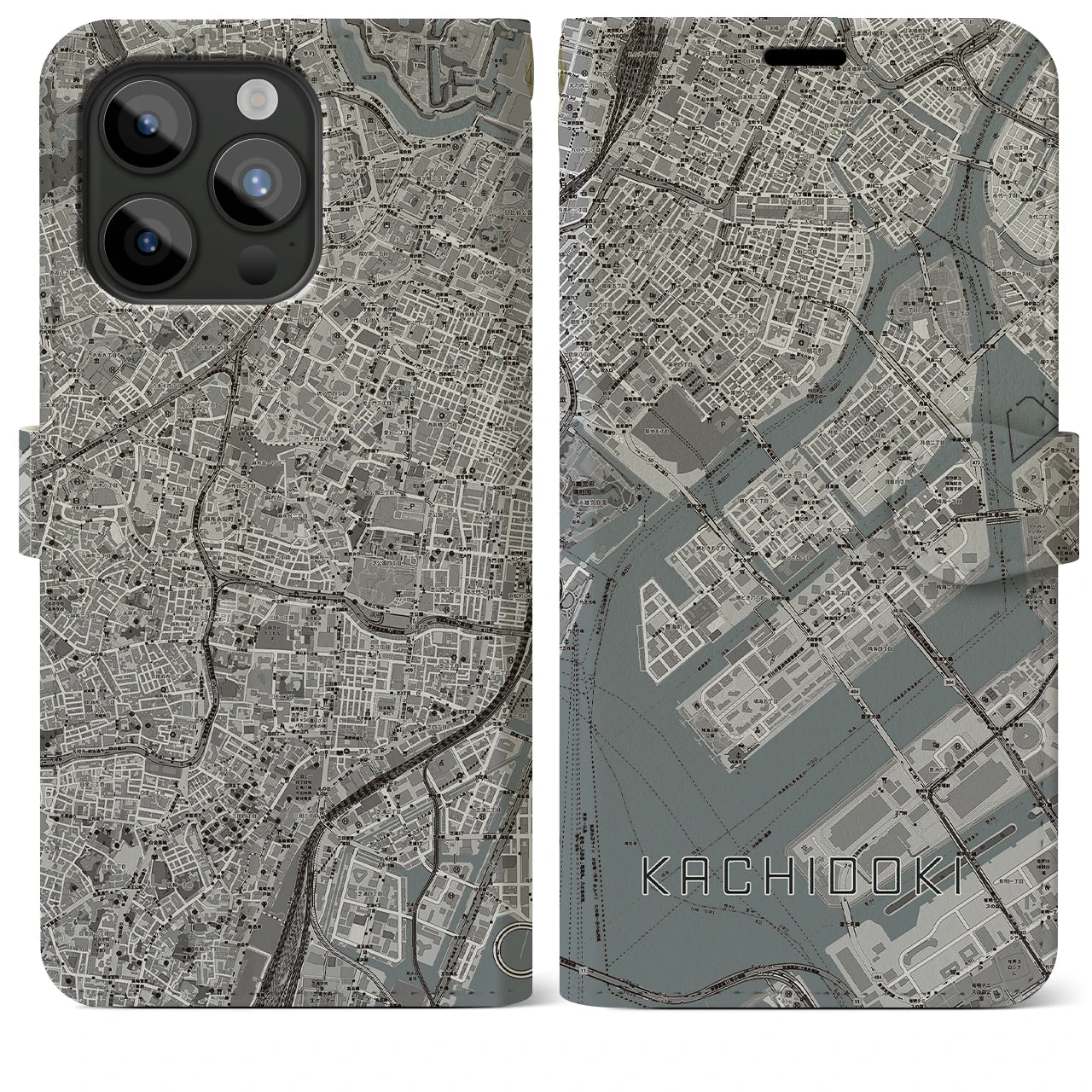 【勝どき(東京都)】地図柄iPhoneケース(手帳タイプ)モノトーン・iPhone 15 Pro Max 用