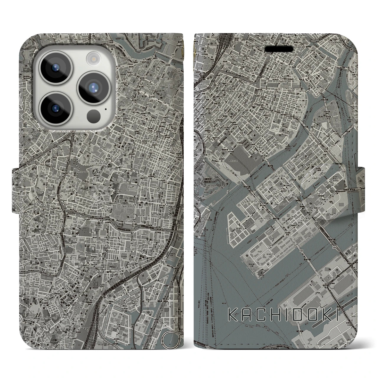 【勝どき(東京都)】地図柄iPhoneケース(手帳タイプ)モノトーン・iPhone 15 Pro 用