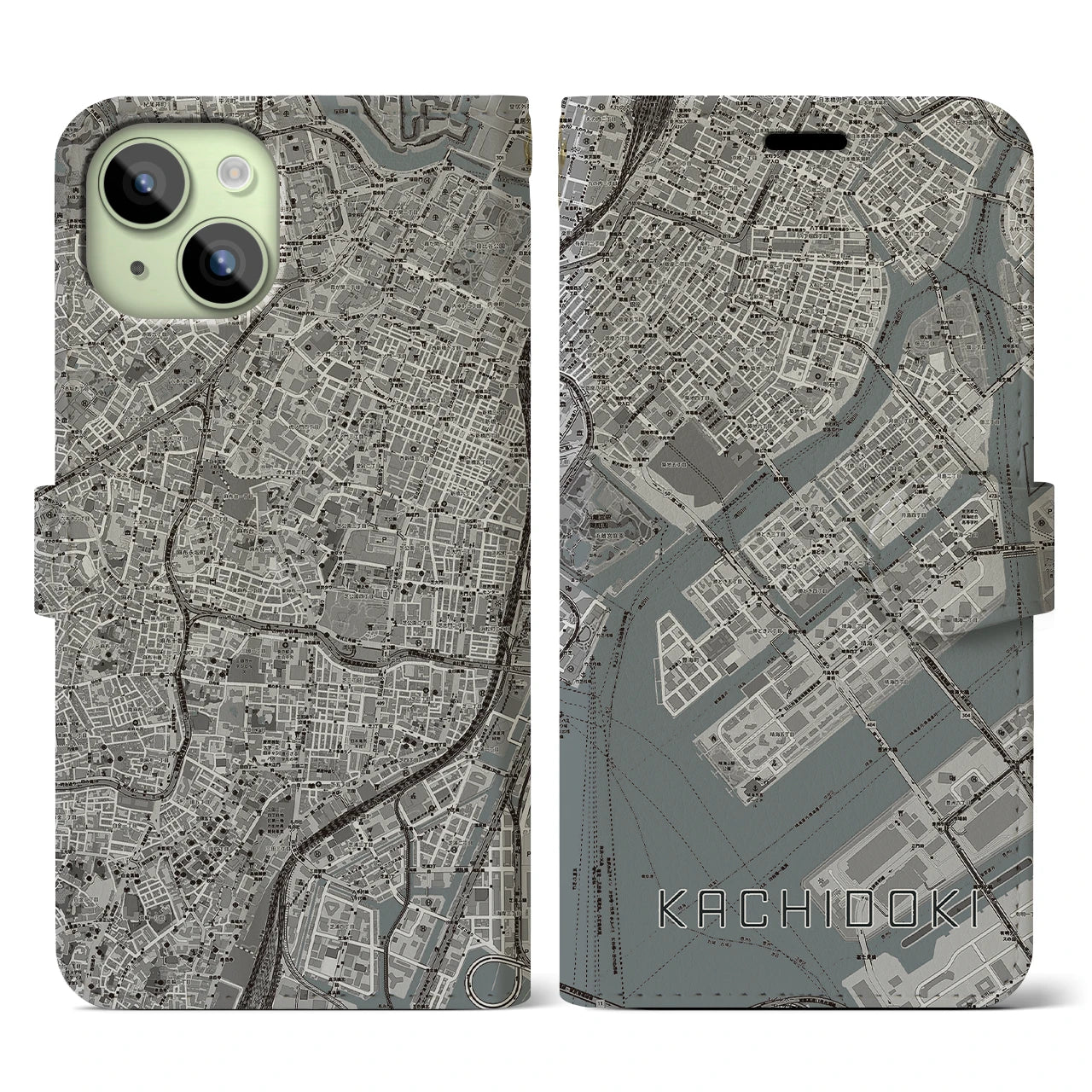 【勝どき(東京都)】地図柄iPhoneケース(手帳タイプ)モノトーン・iPhone 15 用