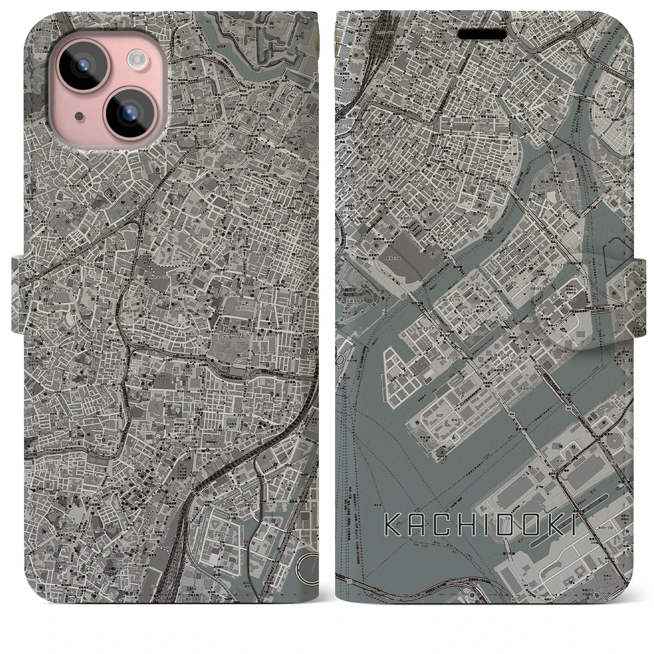 【勝どき(東京都)】地図柄iPhoneケース(手帳タイプ)モノトーン・iPhone 15 Plus 用