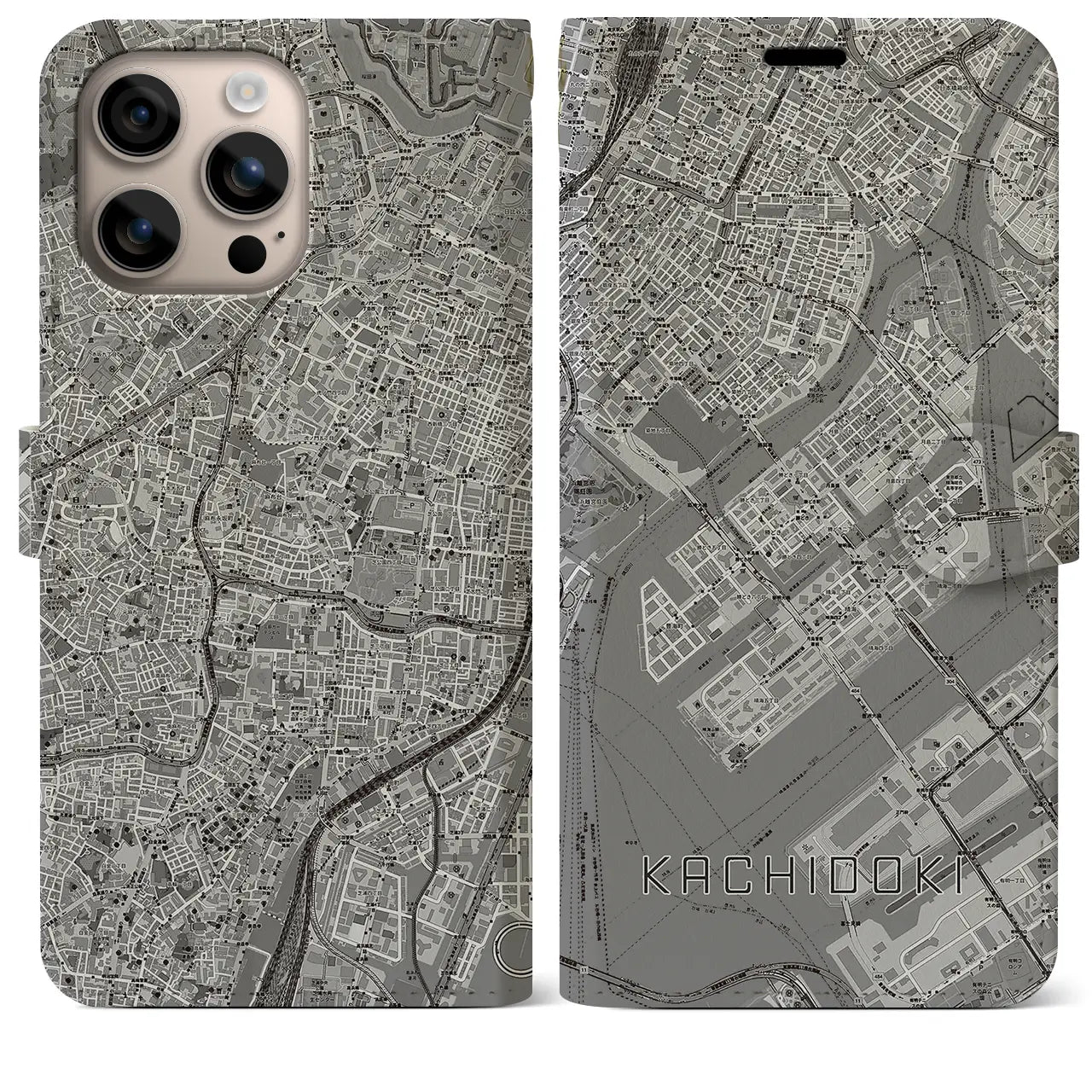 【勝どき(東京都)】地図柄iPhoneケース(手帳タイプ)モノトーン・iPhone 16 Plus 用