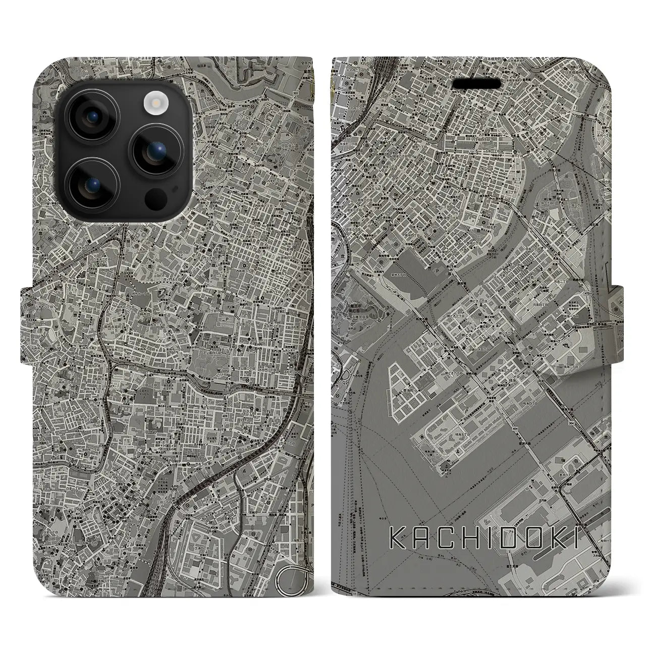 【勝どき(東京都)】地図柄iPhoneケース(手帳タイプ)モノトーン・iPhone 16 用