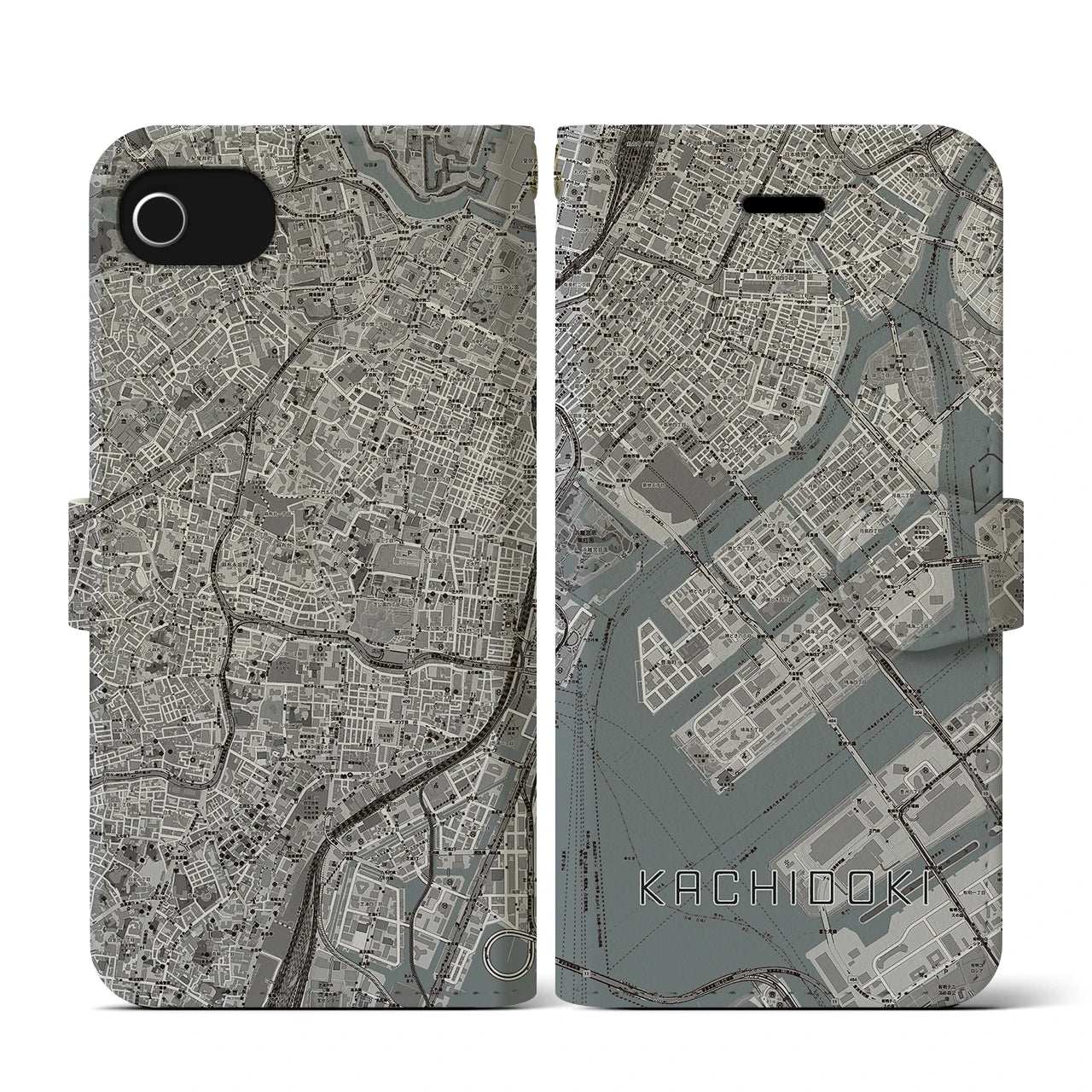【勝どき(東京都)】地図柄iPhoneケース(手帳タイプ)モノトーン・iPhone SE(第3 / 第2世代) / 8 / 7 / 6s / 6 用