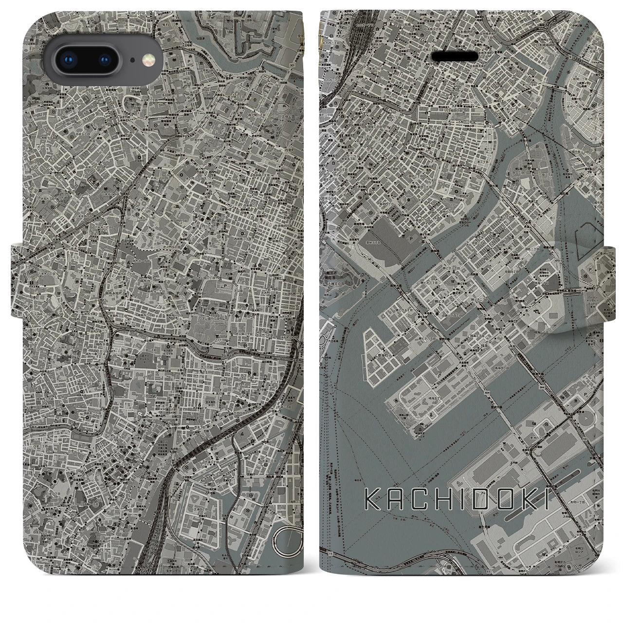 【勝どき(東京都)】地図柄iPhoneケース(手帳タイプ)モノトーン・iPhone 8Plus /7Plus / 6sPlus / 6Plus 用