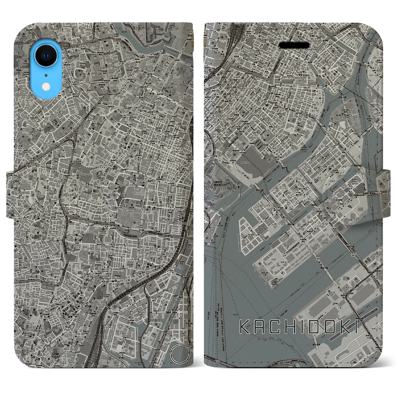 【勝どき(東京都)】地図柄iPhoneケース(手帳タイプ)モノトーン・iPhone XR 用